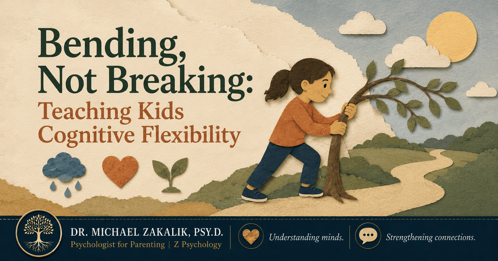 Warm hand-drawn illustration of a parent and child calmly rerouting a rained-out plan together, representing a child building cognitive flexibility.