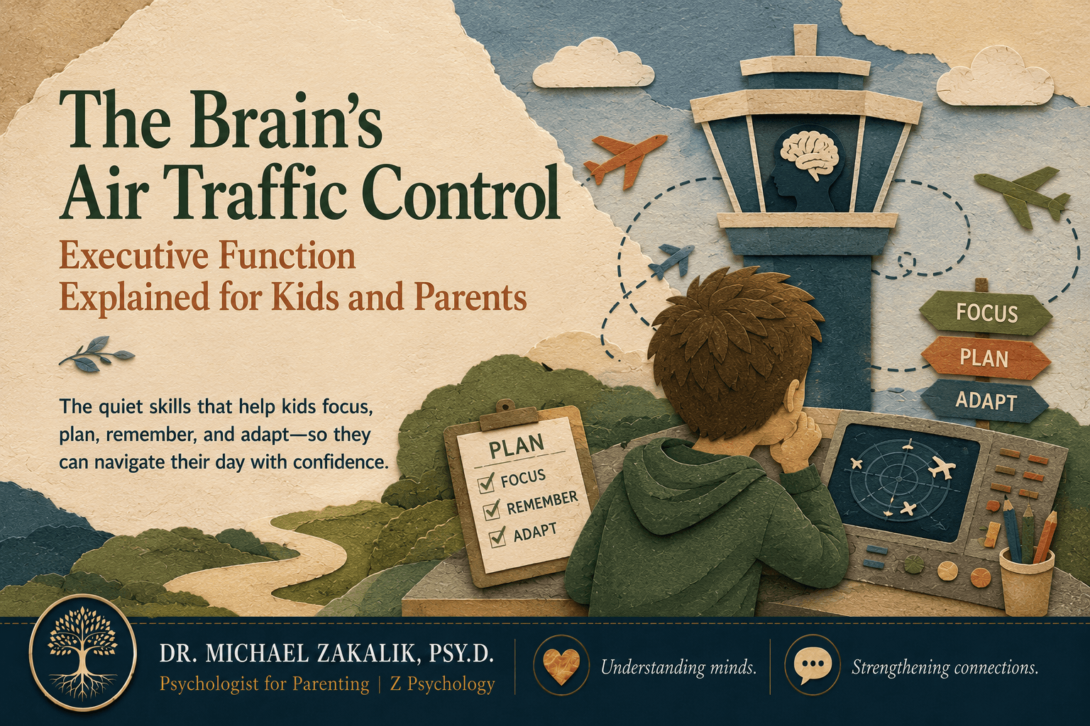 Warm hand-drawn illustration of a calm parent sitting beside a child at a desk, helping break a big task into one step at a time, representing executive function in children.