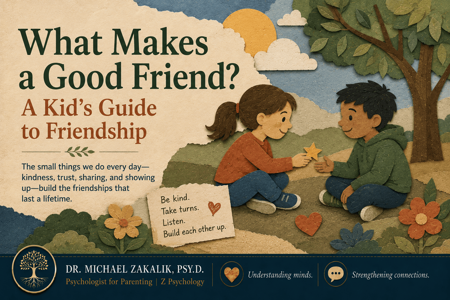 Warm hand-drawn illustration of two children sharing a snack and taking turns at play, representing kids building friendship skills.