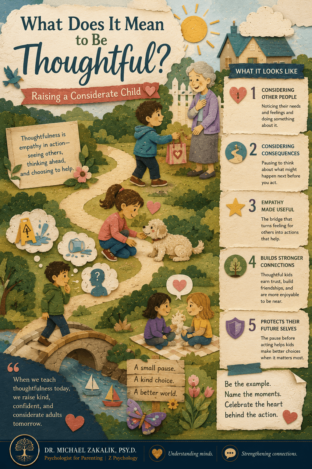Infographic on raising a thoughtful child: considering other people and considering consequences, the two skills behind the pause button.