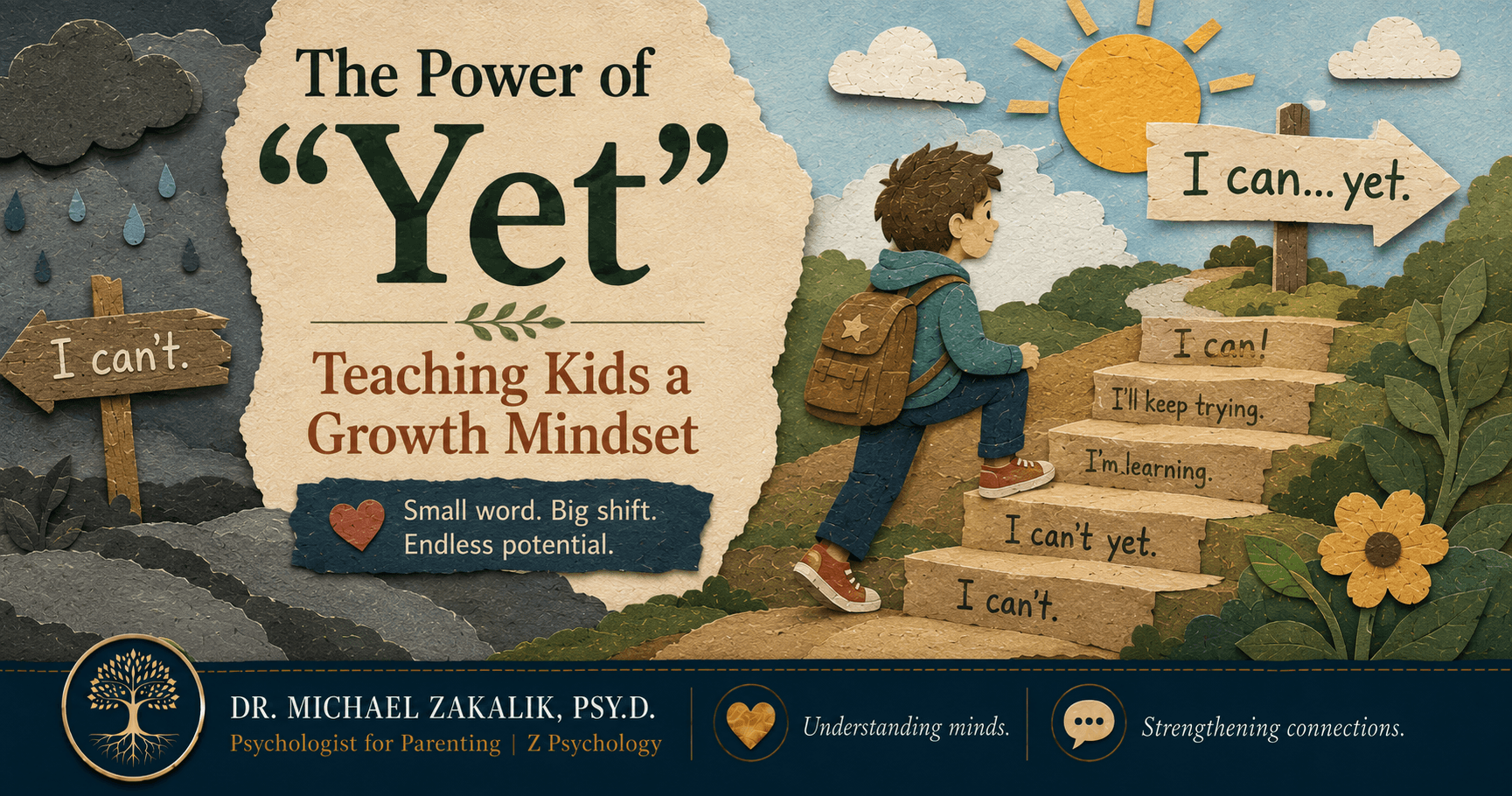 Warm hand-drawn illustration of a parent encouraging a child working on a hard puzzle, representing a child building a growth mindset at home.