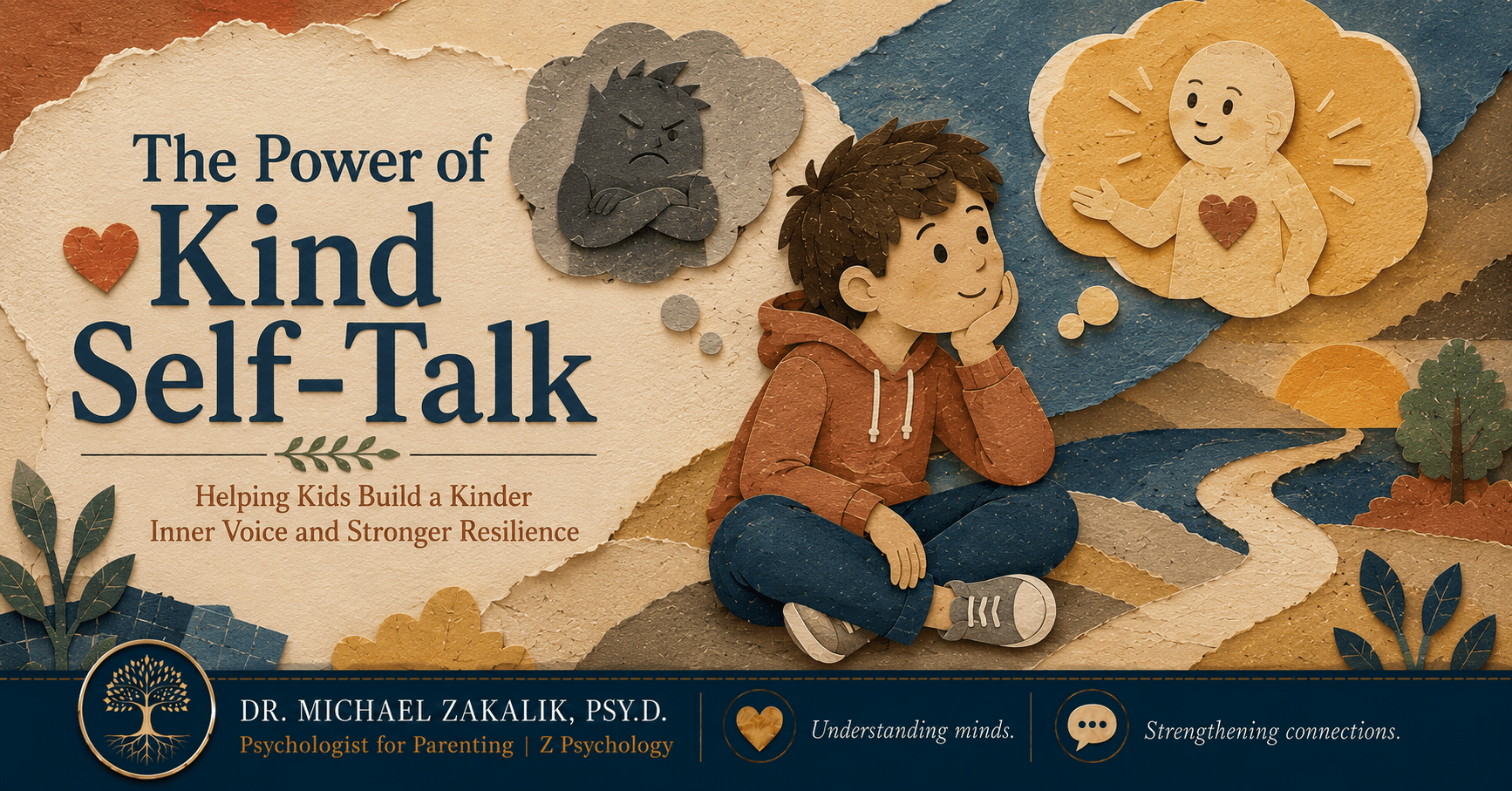 Warm hand-drawn illustration of a child looking thoughtful with a kind inner-voice speech bubble, representing a child practicing positive self-talk.