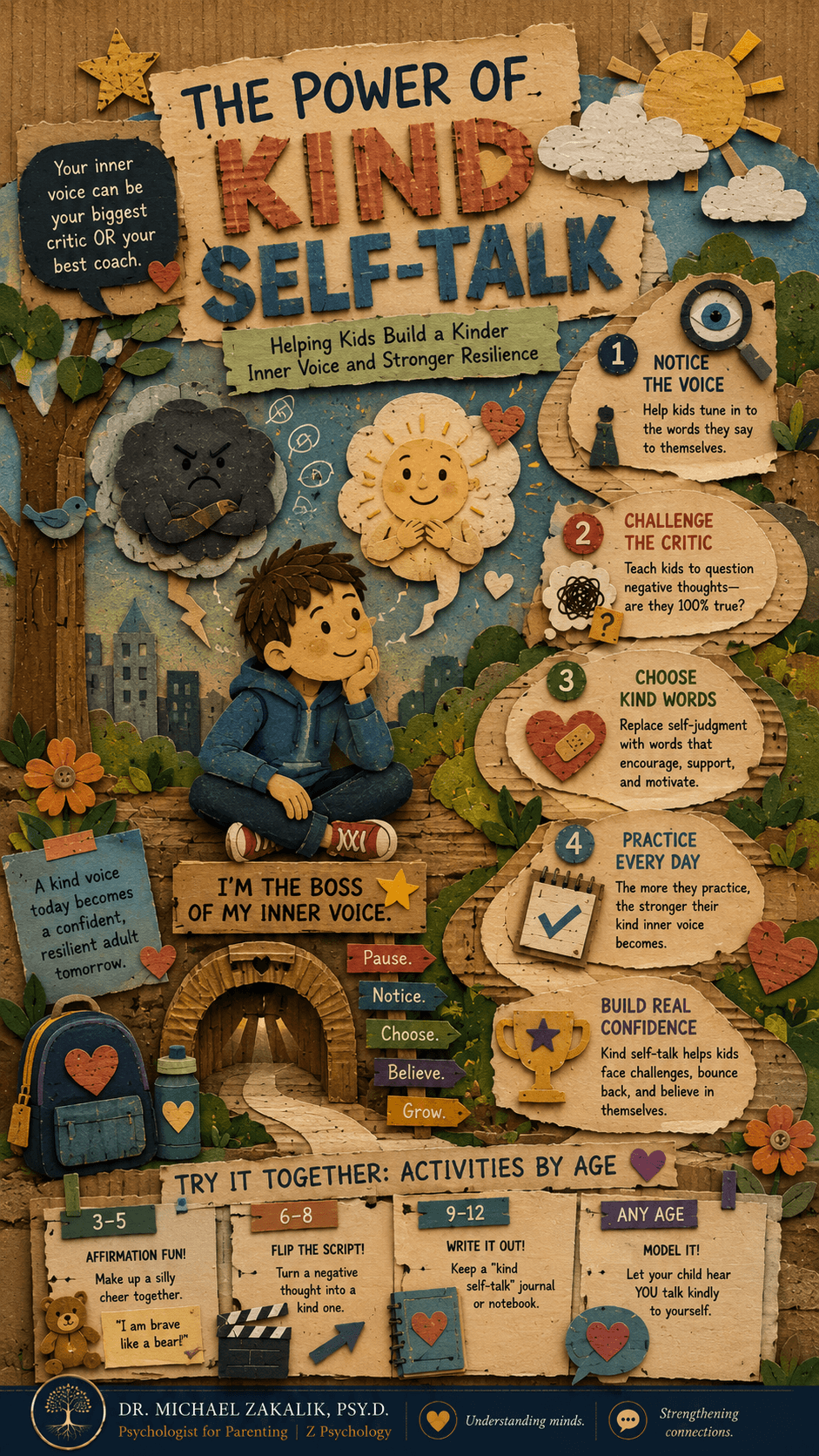 Infographic on kind self-talk for kids: everyone has an inner voice, you are the boss of it, answer the mean voice with something truer and kinder, and use the friend test.