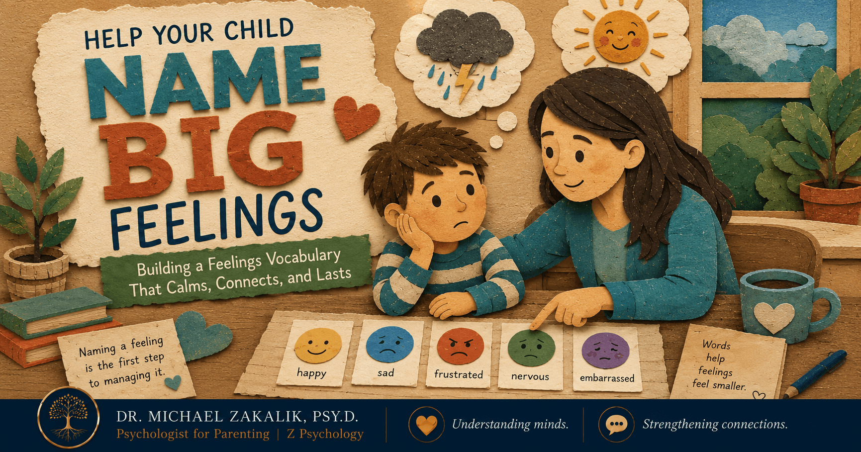 Warm hand-drawn illustration of a parent gently helping a child put a name to a big feeling at the kitchen table.