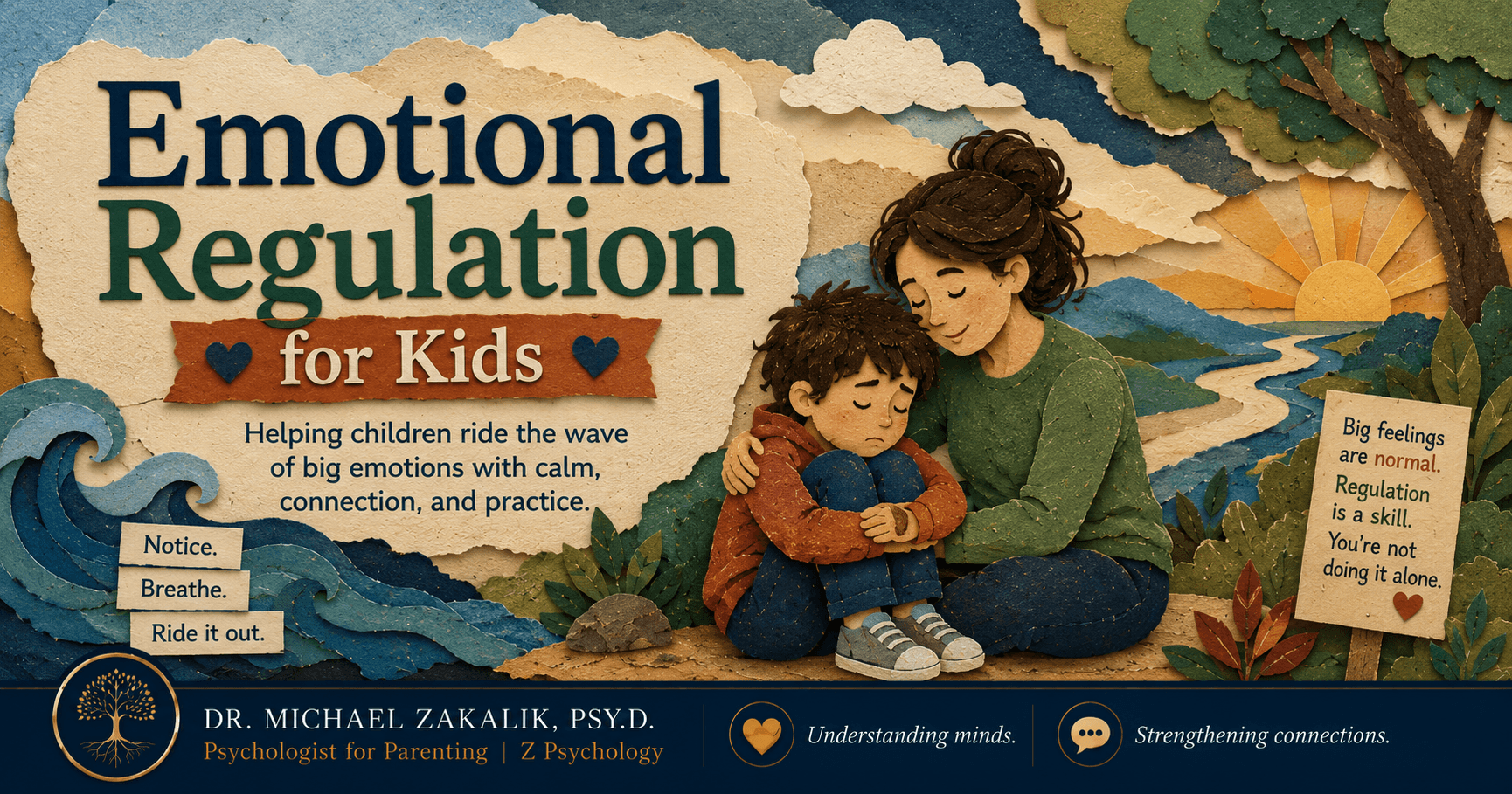 Warm hand-drawn illustration of a calm parent sitting close to an upset child, riding out a wave of big feeling together.