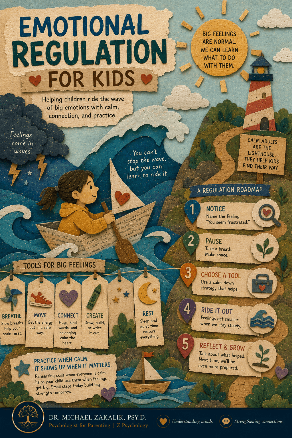 Infographic on emotional regulation for kids: riding the wave, co-regulation, and calming activities by age.