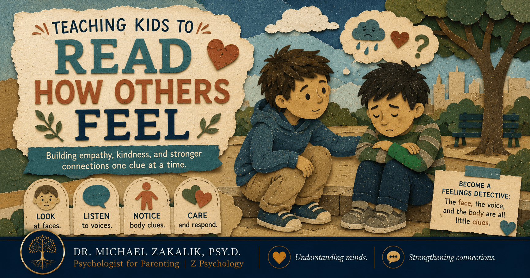 Warm hand-drawn illustration of a child noticing how a friend feels from their face and body language at the park.