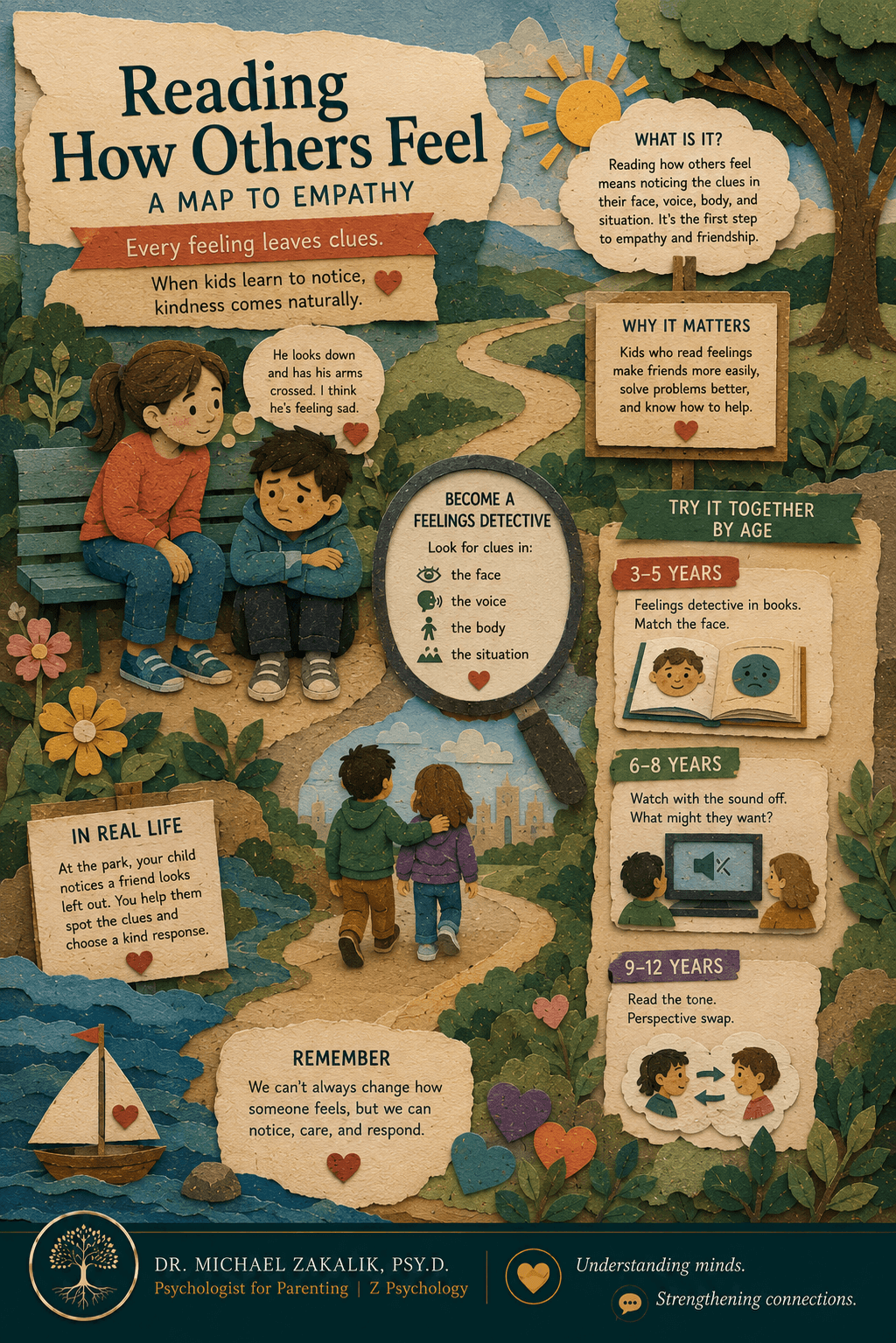 Infographic on teaching kids to read how others feel: the face, voice, and body as clues, plus social-awareness activities by age.