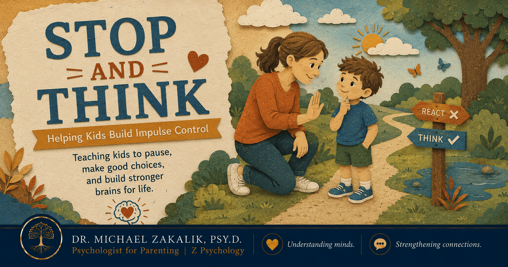 Warm hand-drawn illustration of a child pausing mid-reach while a parent's calm hand rests nearby, representing a child practicing the pause before acting.