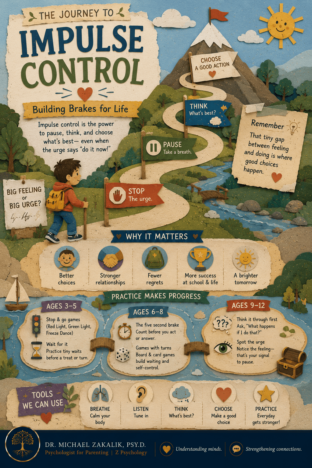 Infographic on impulse control in kids: the brain's brakes, why the pause matters, and playful stop and think activities by age to help kids wait, not blurt, and think before acting.