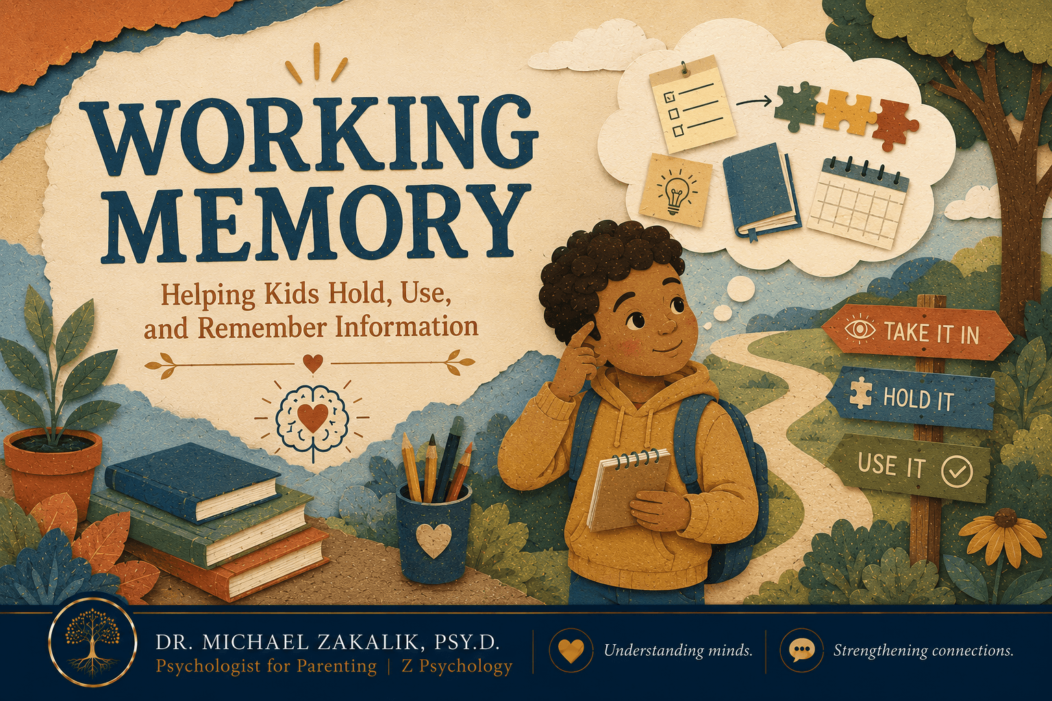 Warm hand-drawn illustration of a child and parent cooking from a simple recipe together, holding several steps in mind at once, representing a child building working memory.
