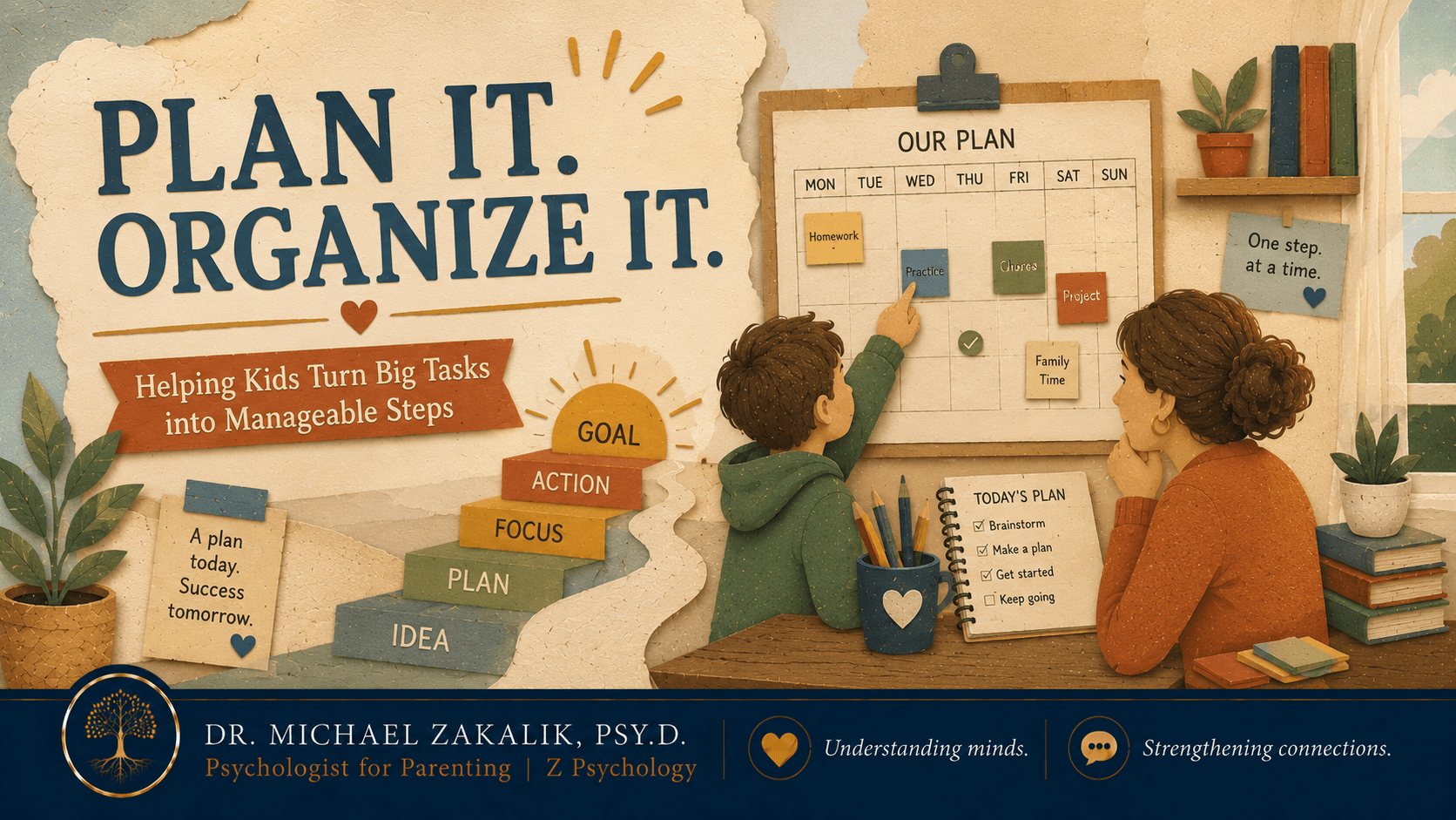 A parent and child breaking a big task into small steps on a checklist together at the kitchen table, in a warm hand-drawn editorial style.