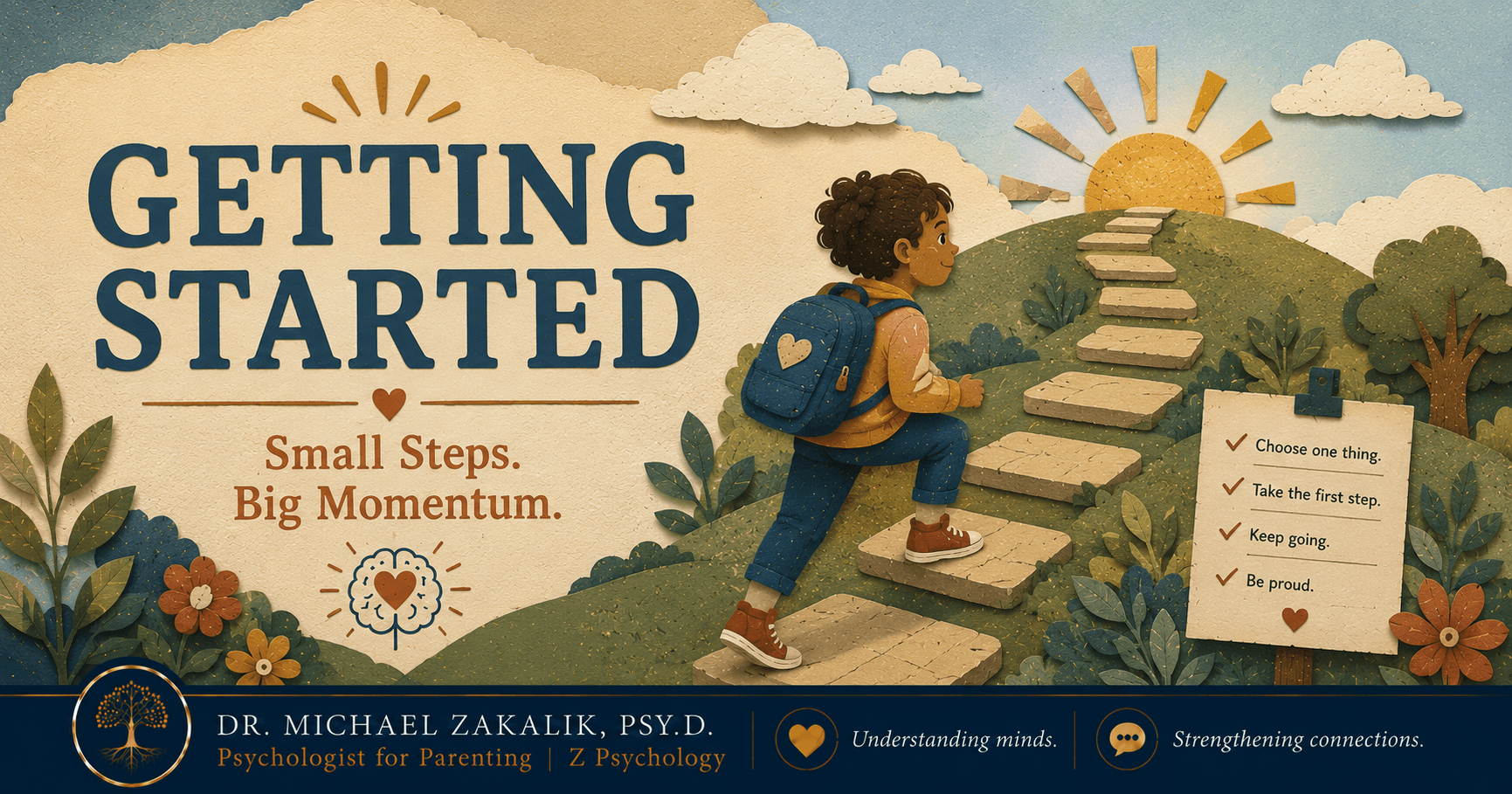 A child taking the first small step on homework while a parent sits calmly nearby, in a warm hand-drawn editorial style.