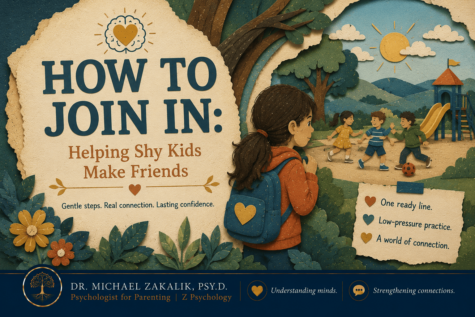 Warm hand-drawn illustration of a shy child at the edge of a playground, holding a stuffed animal and gathering the courage to join in.