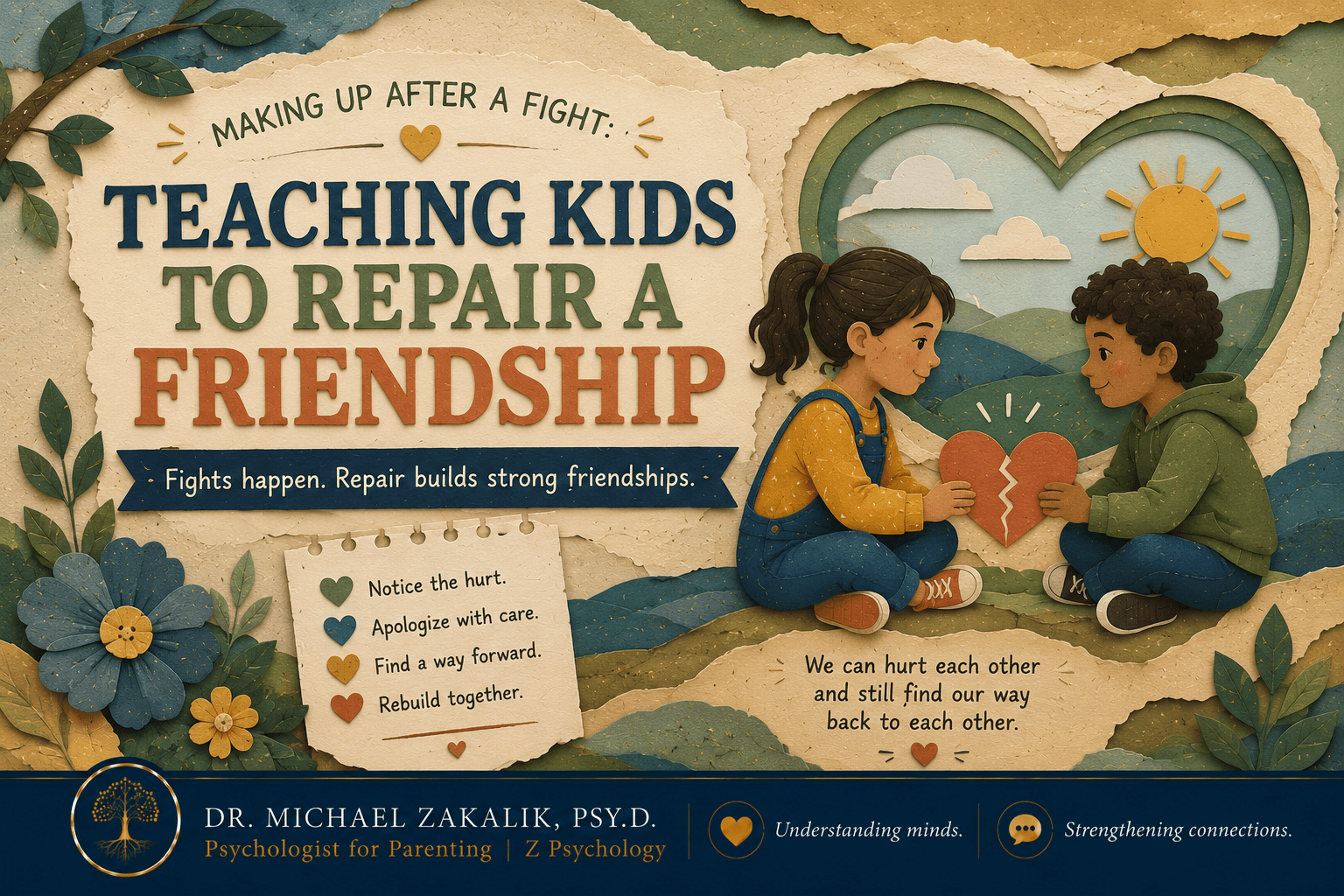 Warm hand-drawn illustration of two children kneeling together to rebuild a tower of blocks after a disagreement, repairing their friendship.