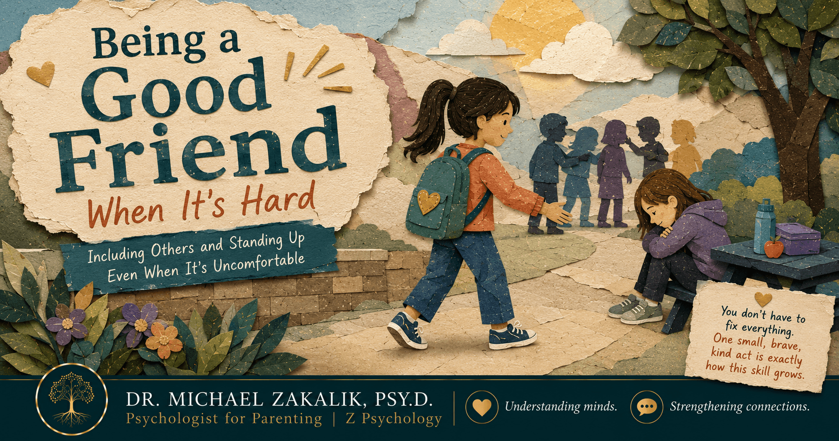 Warm hand-drawn illustration of a child carrying a lunch tray across a lunchroom to invite a classmate sitting alone to sit together.