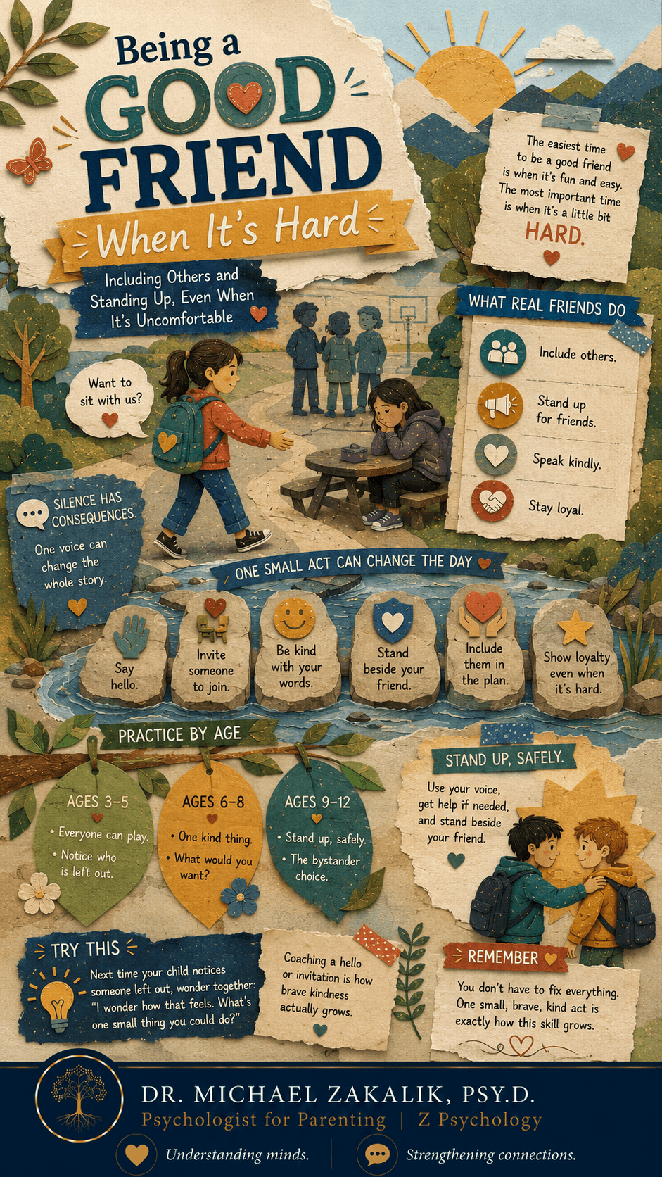 Infographic on being a good friend when it is hard: notice who is left out, do one kind thing, stand up safely, and know that getting an adult is brave.