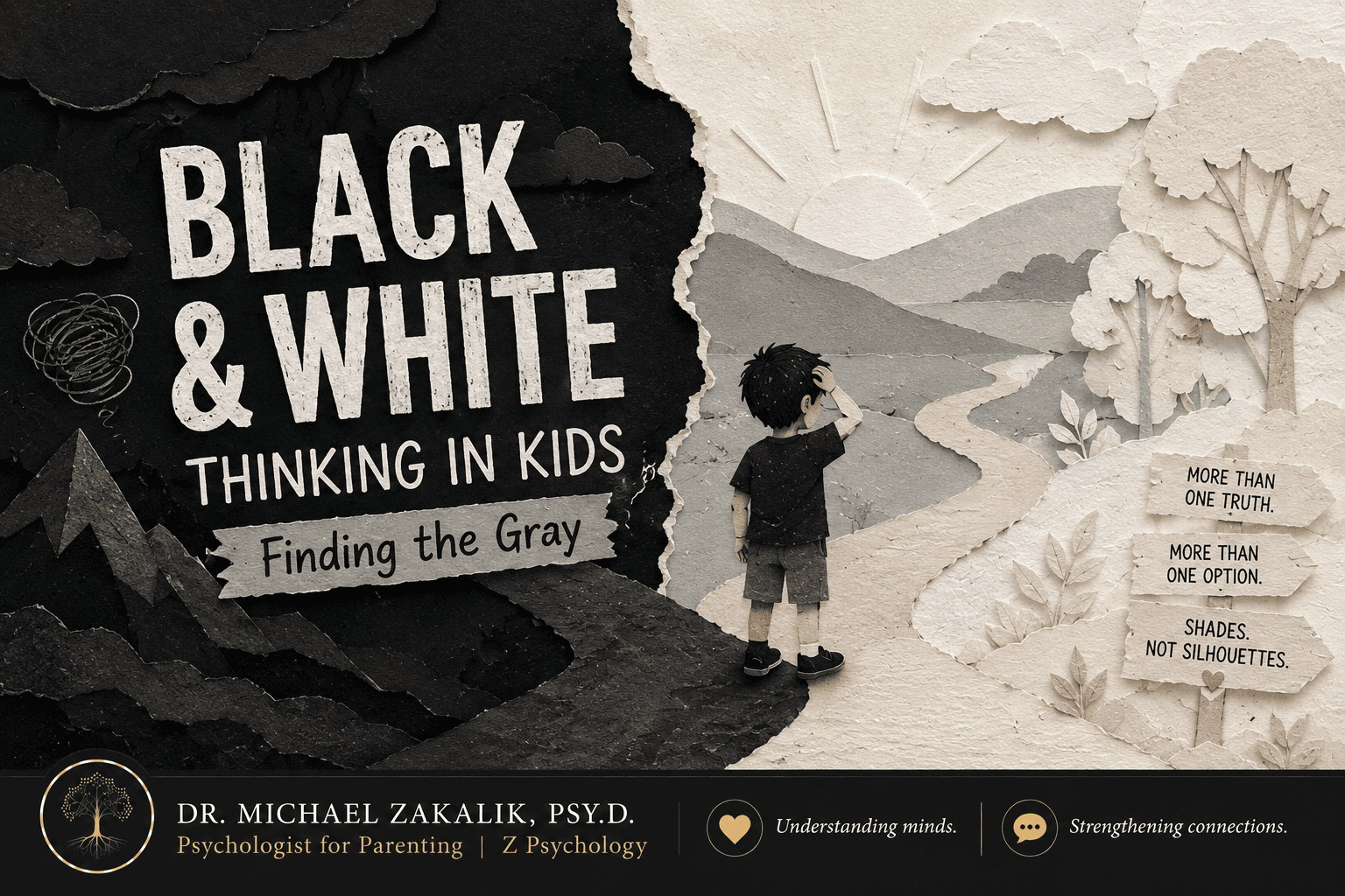 Warm hand-drawn illustration of a parent and child looking at a color spectrum together, finding the gray between two extremes.