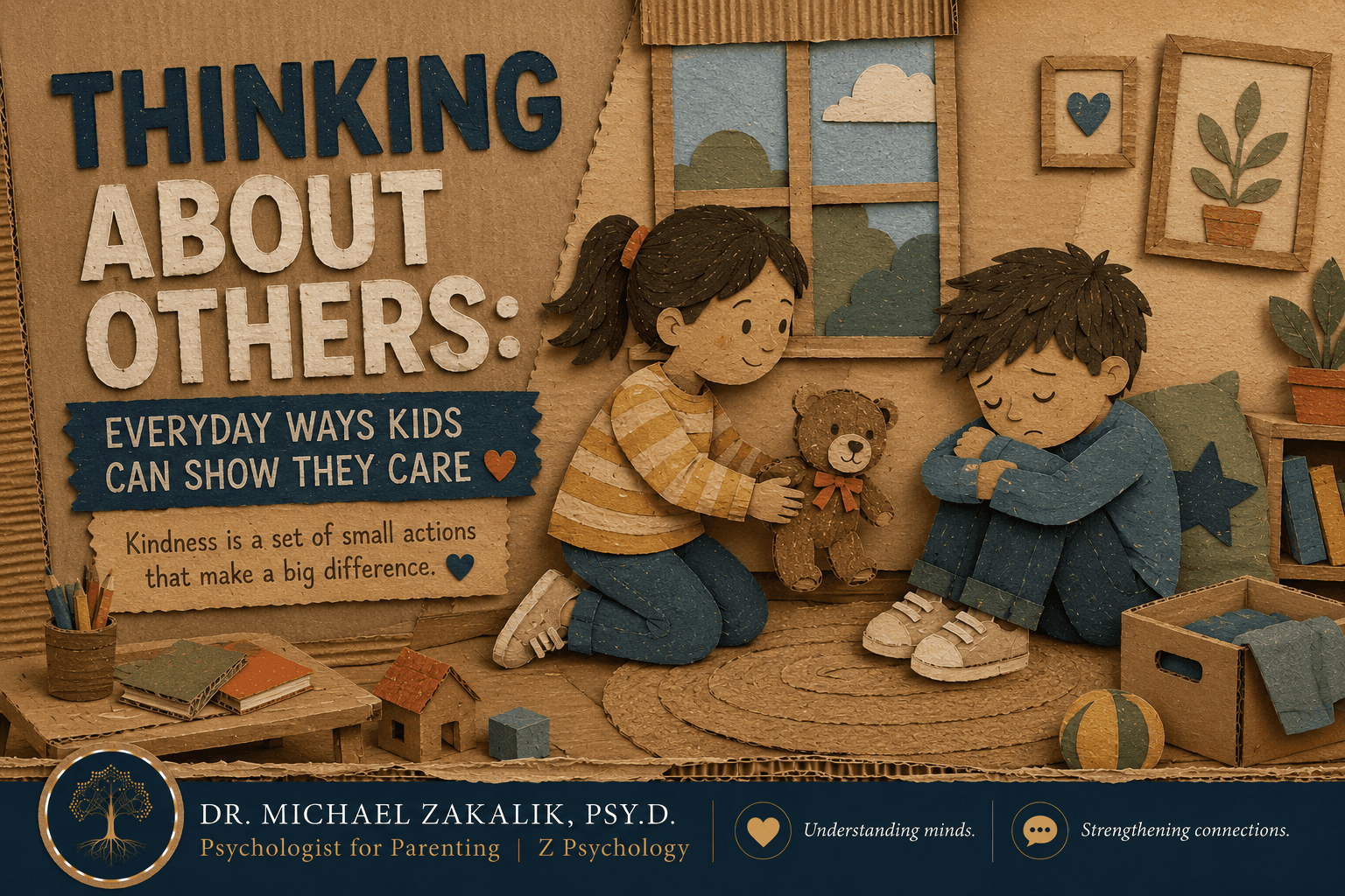 Warm hand-drawn illustration of a child quietly bringing a comforting toy to a sad sibling, showing kindness in action.
