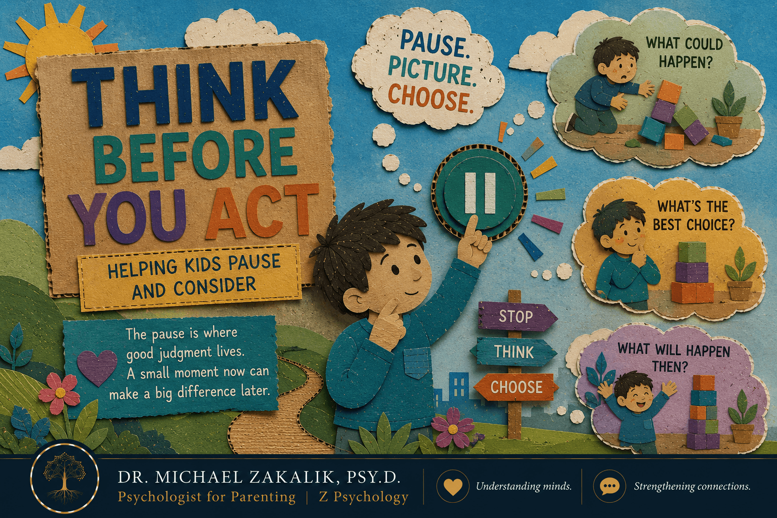 Warm hand-drawn illustration of a child pausing to press an imaginary pause button before acting, picturing what happens next.