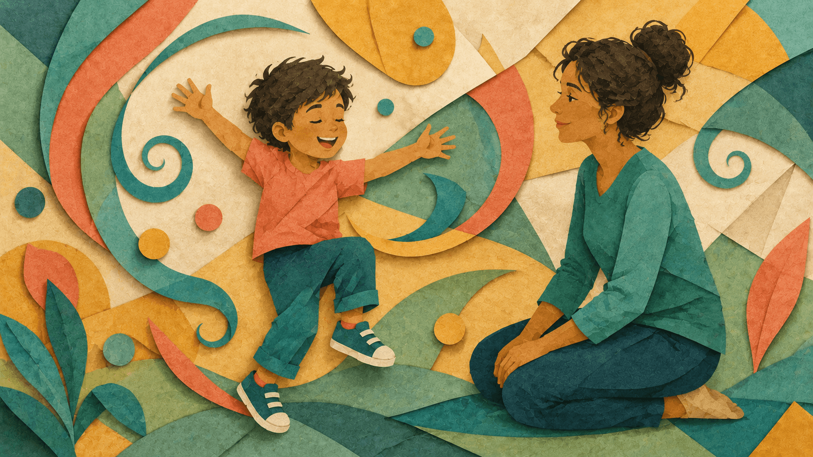 An energetic child with a calm parent nearby.