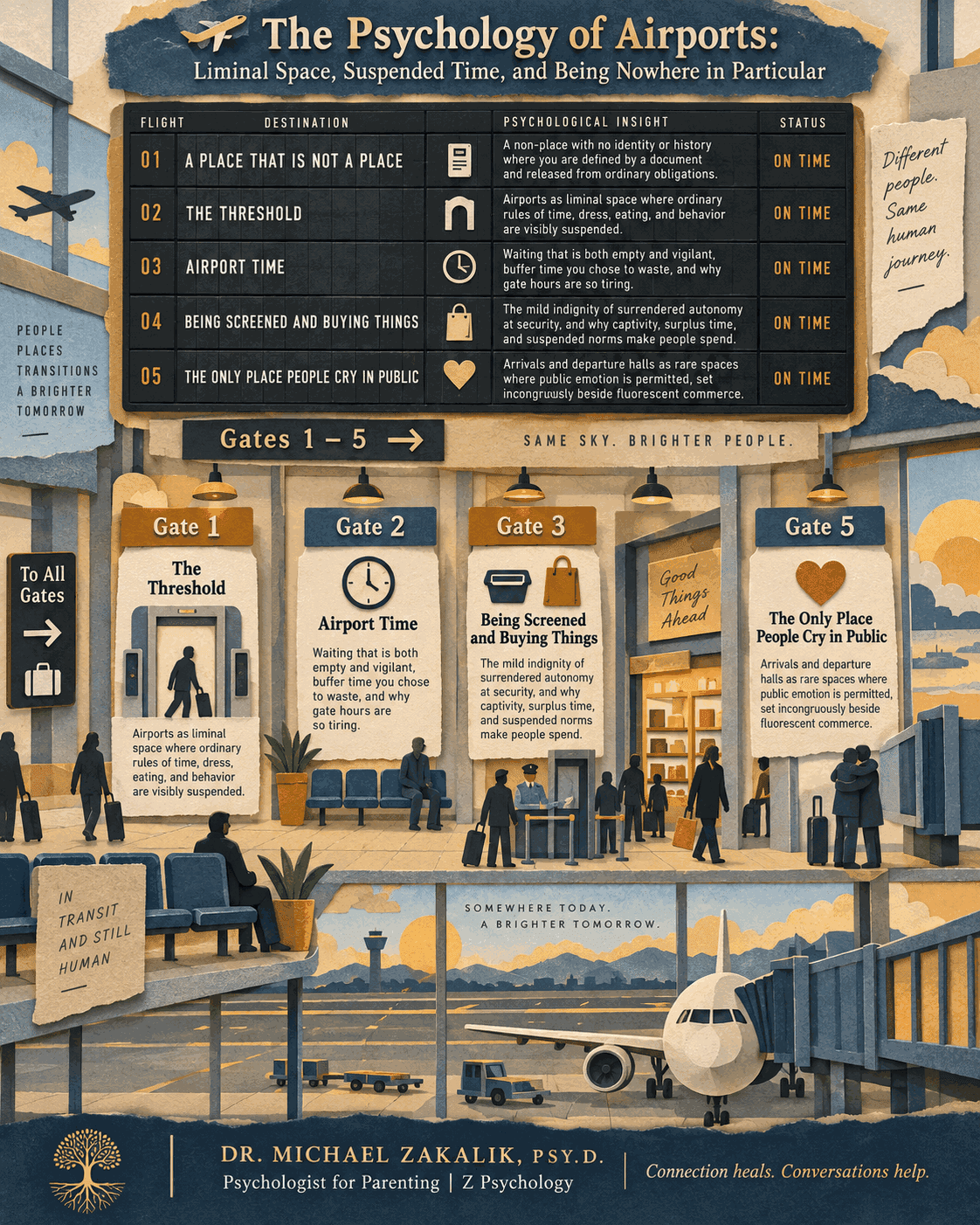 Infographic styled as an airport departures board listing five destinations with psychological insights: a place that is not a place, the threshold, airport time, being screened and buying things, and the only place people cry in public.