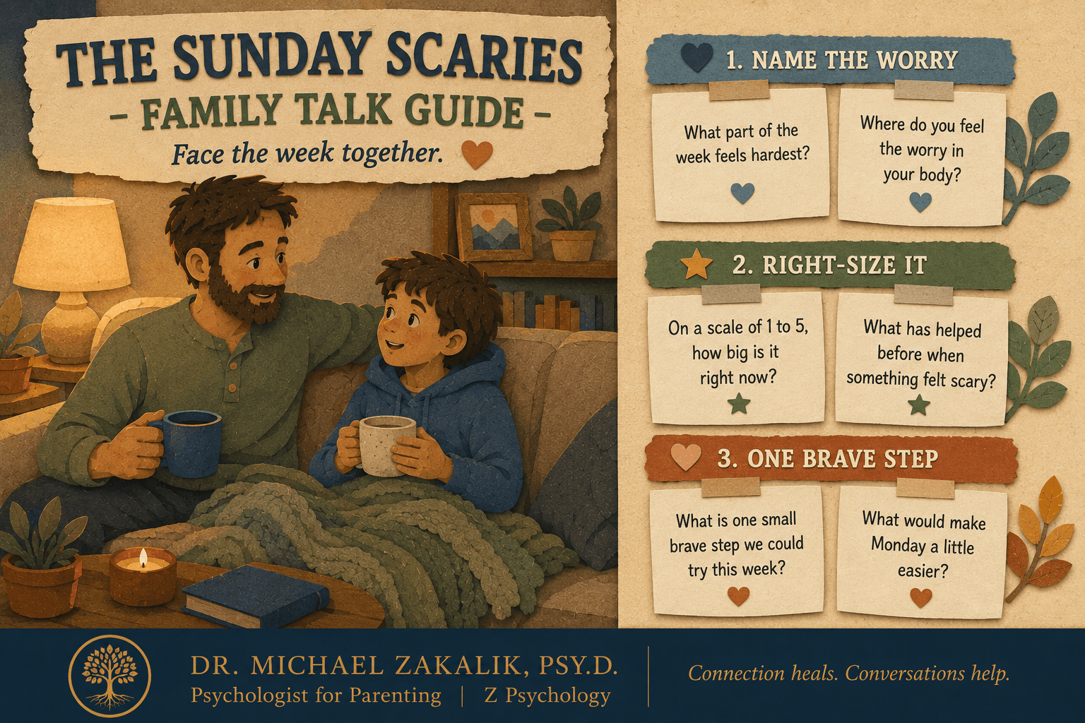 Sunday Scaries family talk guide with six prompts for naming worry, right-sizing it, and choosing one brave step.