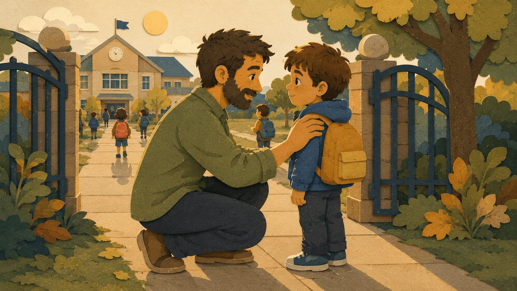A father reassuring his son at the school gate before the morning drop-off.