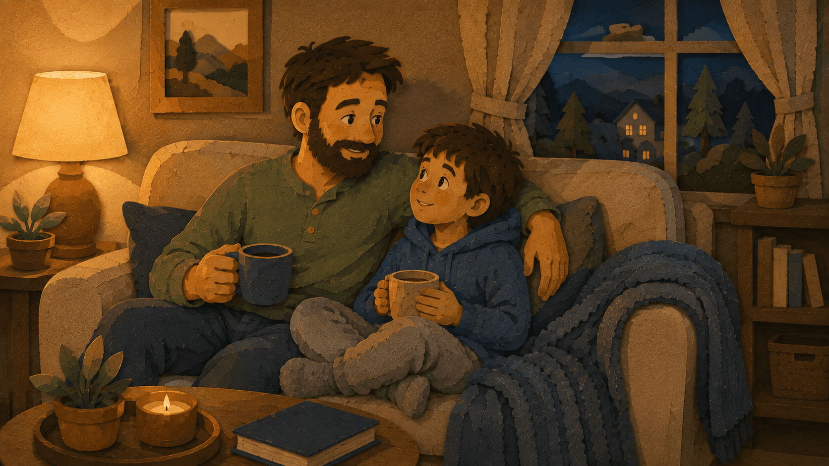 A father and son talking together on a cozy couch on Sunday evening.