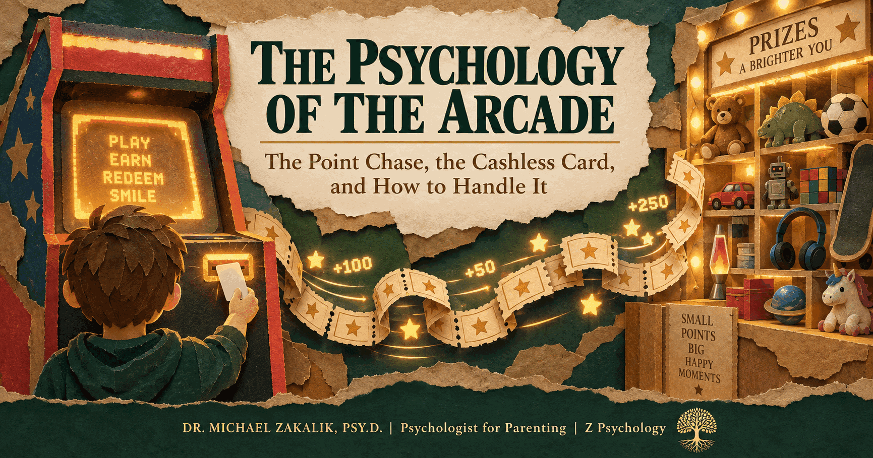 Paper-cut illustration of a child at a glowing arcade machine holding a swipe card as a stream of tickets and points pulls them toward a wall of prizes, representing the arcade point chase.