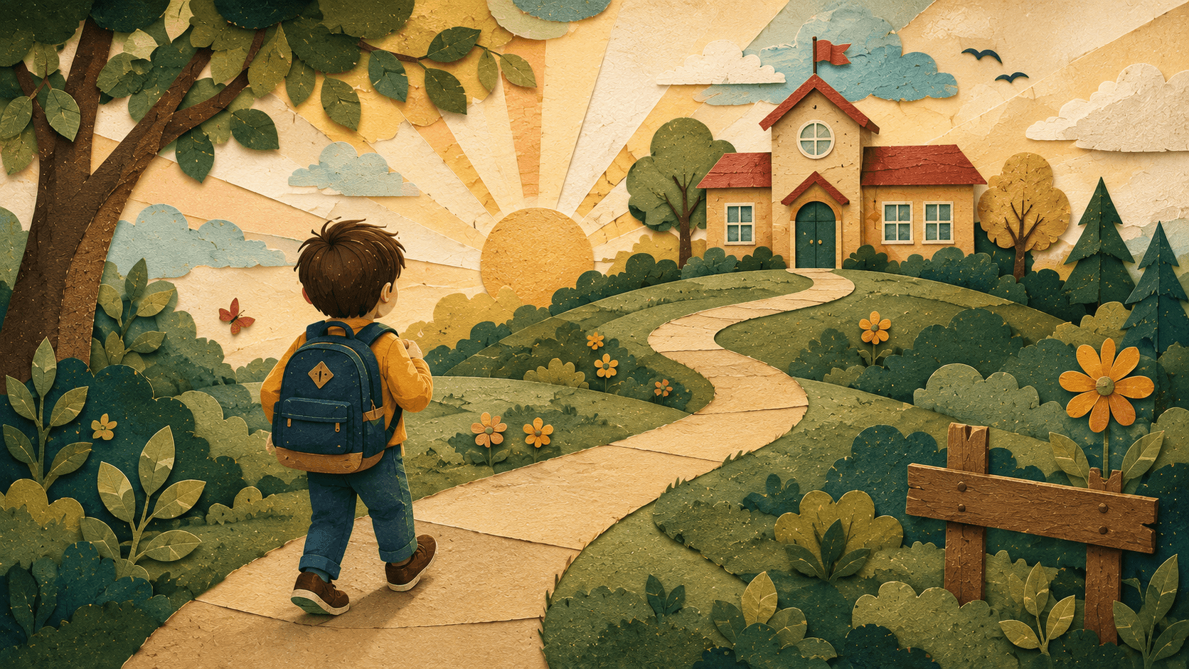 A parent and child sharing a calm, confident goodbye near the school entrance.