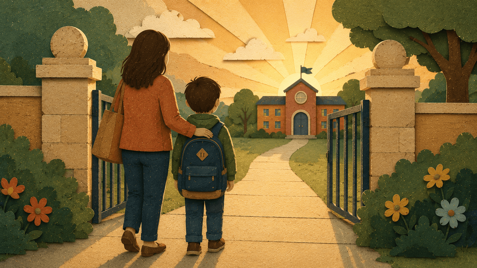 A parent and child standing together at the school gate before the first day.