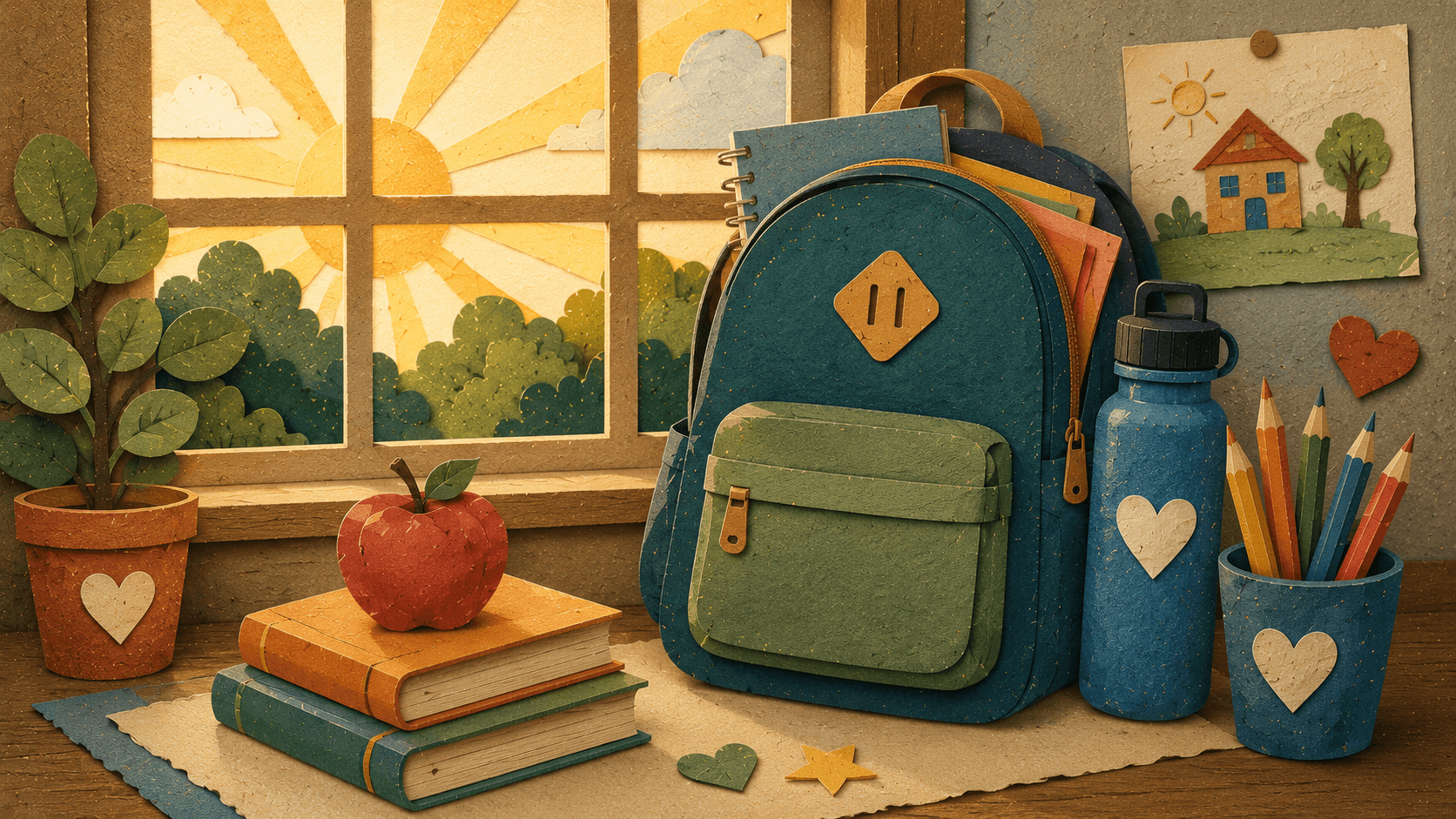 A child starting homework at a calm table while a parent offers quiet support nearby.