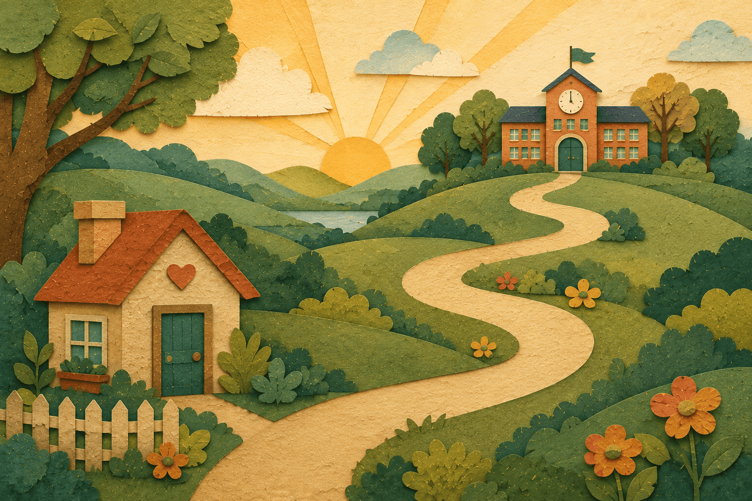 A winding path connecting a family home with a school across green hills.