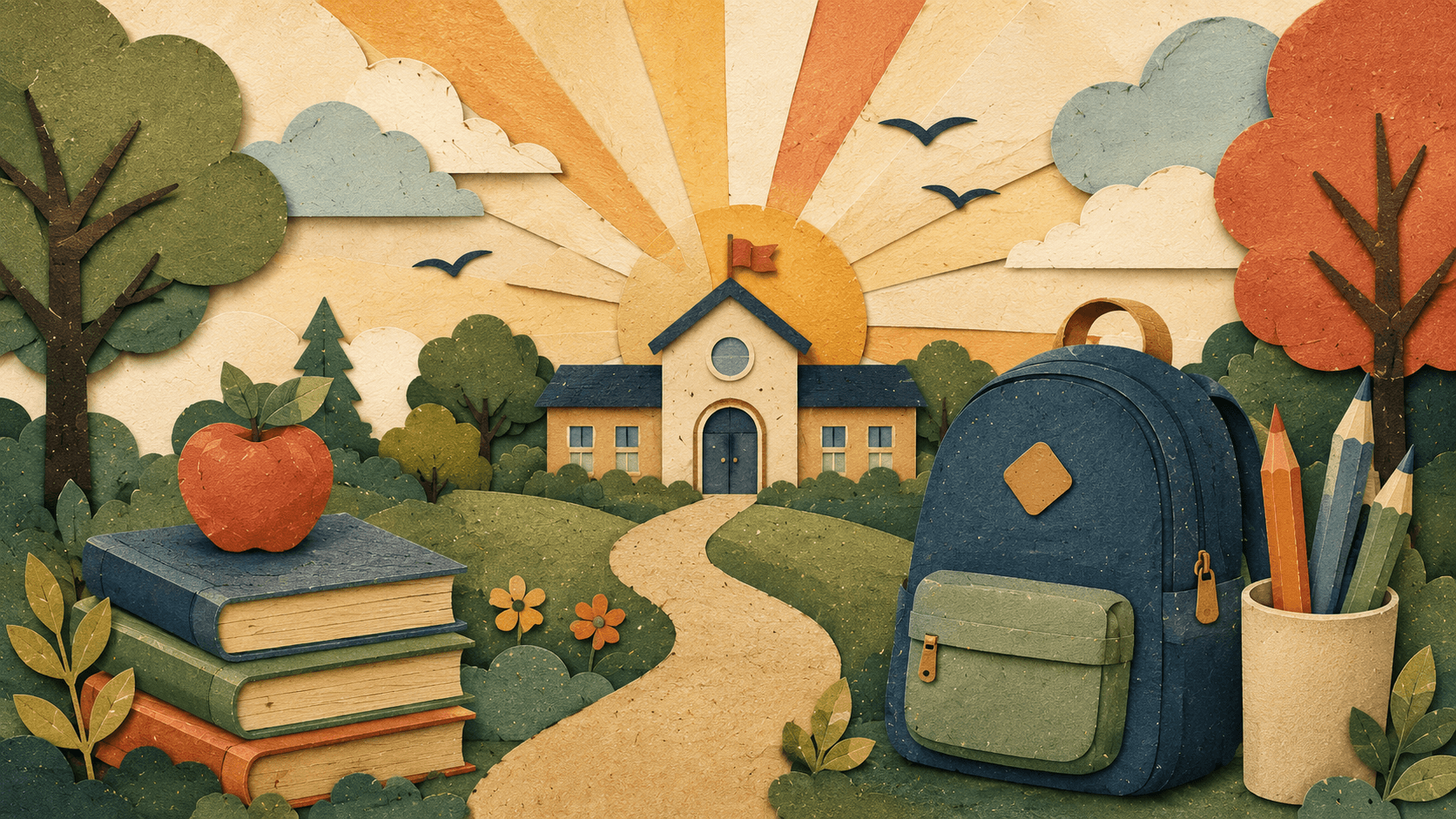 School supplies, books, an apple, and a backpack arranged in front of a welcoming school.
