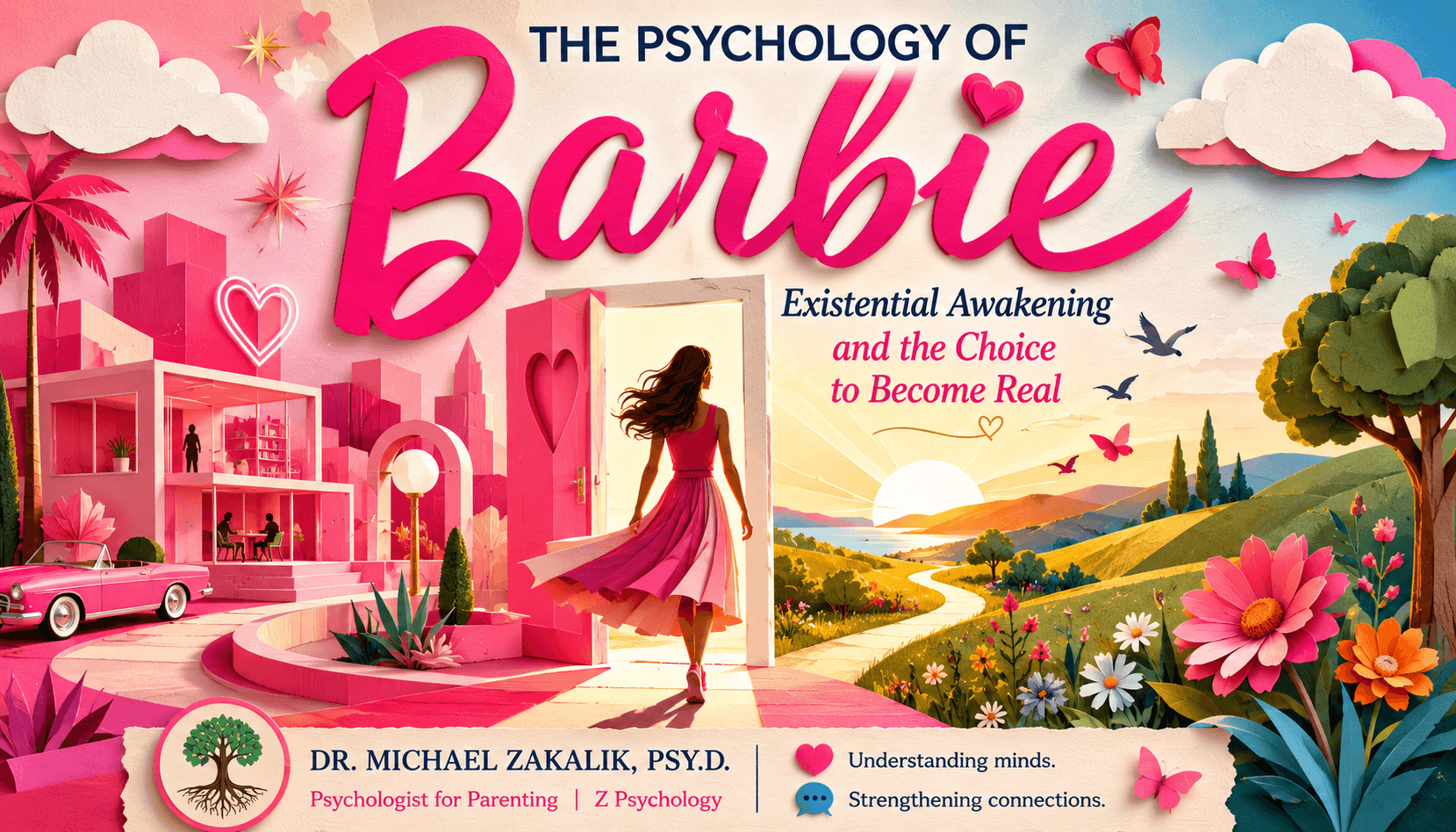 Stylized illustration of a doll-like figure stepping out of a flat, candy-colored constructed world into a textured, sunlit real one, representing existential awakening.