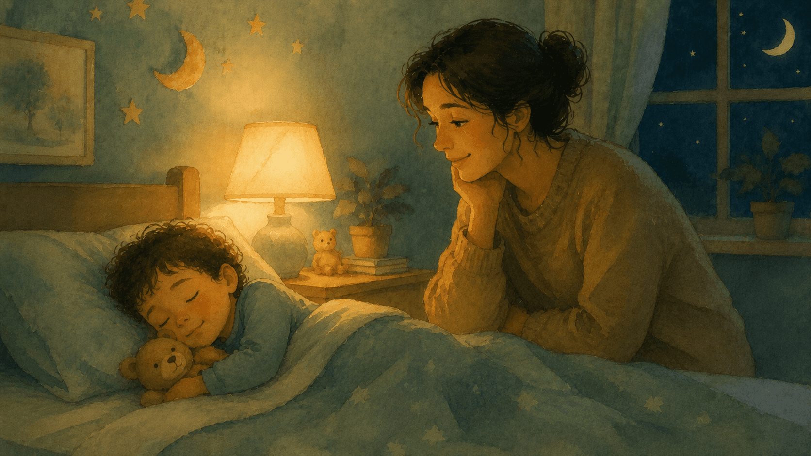 A parent sitting calmly beside a sleeping child in a cozy, lamp-lit bedroom, representing a peaceful bedtime.