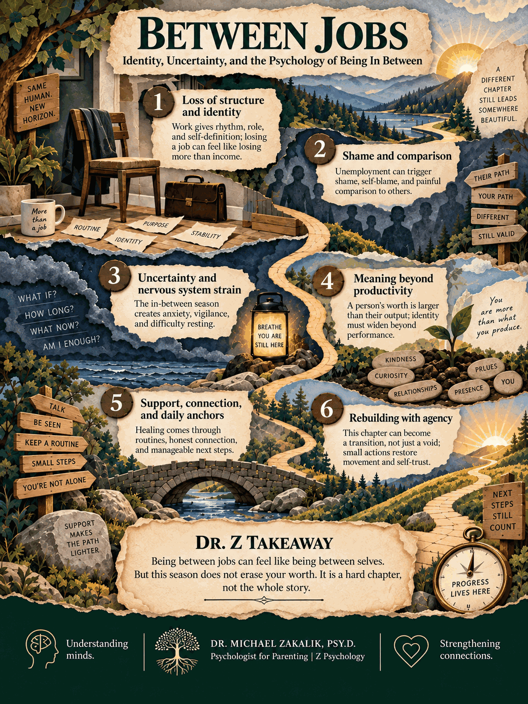 Infographic on the psychology of being between jobs: the hidden functions of work, shame and isolation, depression risk, behavioral activation, and the fear of leaving.