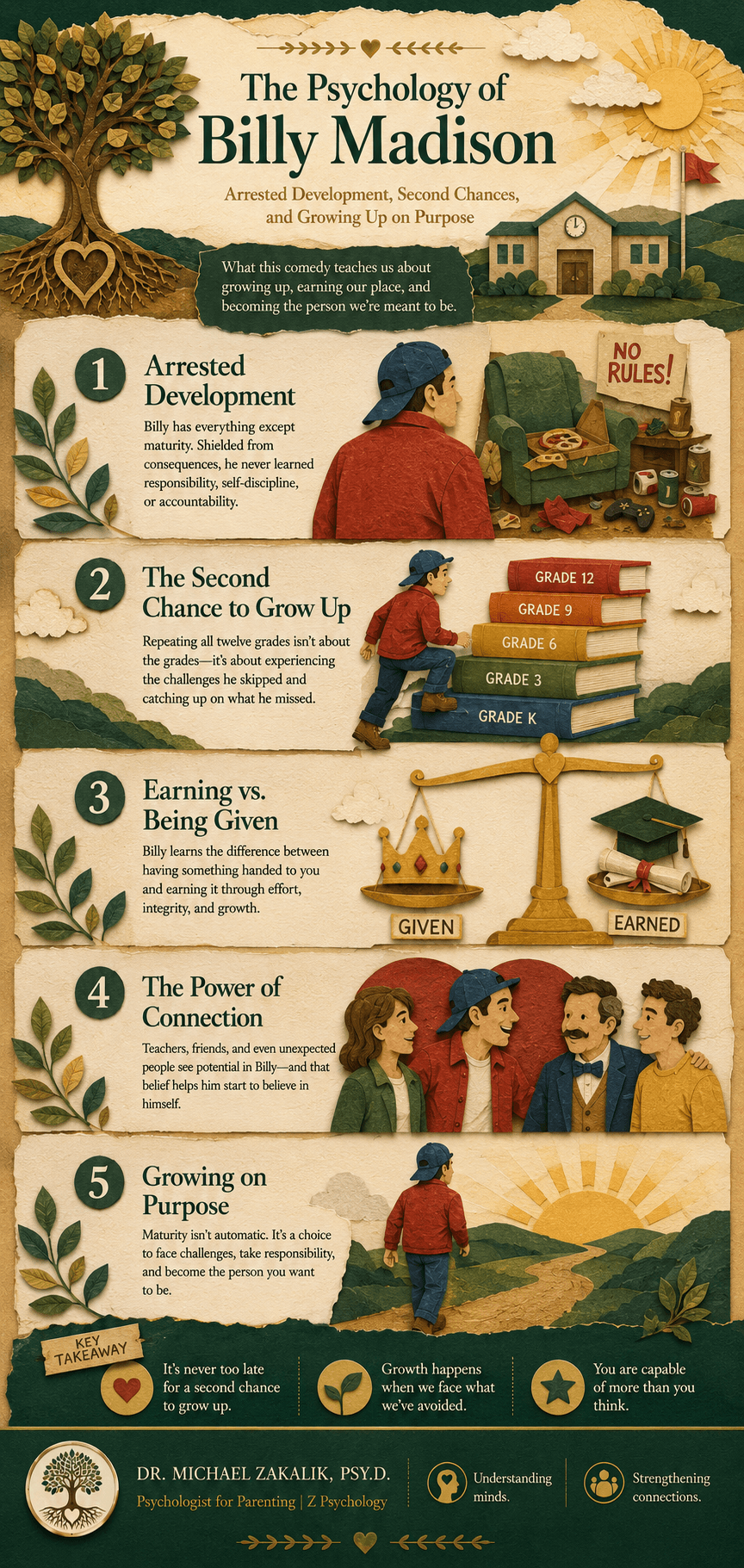 Infographic on Billy Madison: arrested development, the second chance to grow up, belated maturation through facing challenges, the support of relationships, and the difference between what is given and what is earned.