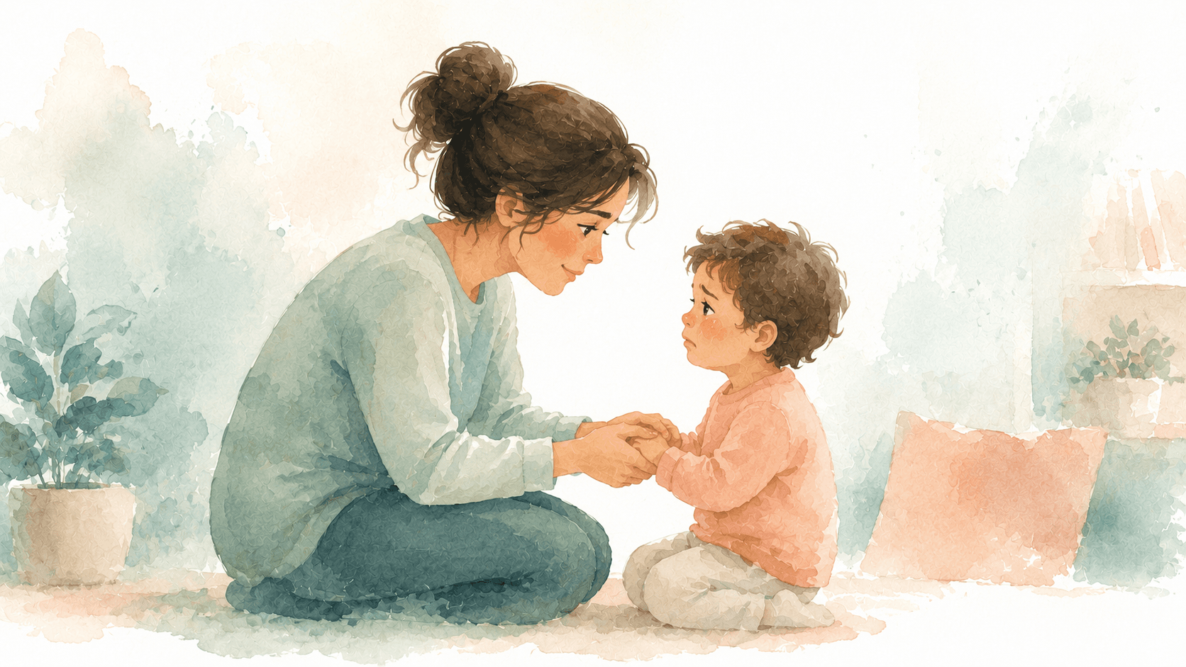 A calm parent gently holding a toddler's hands during a big-feelings moment.