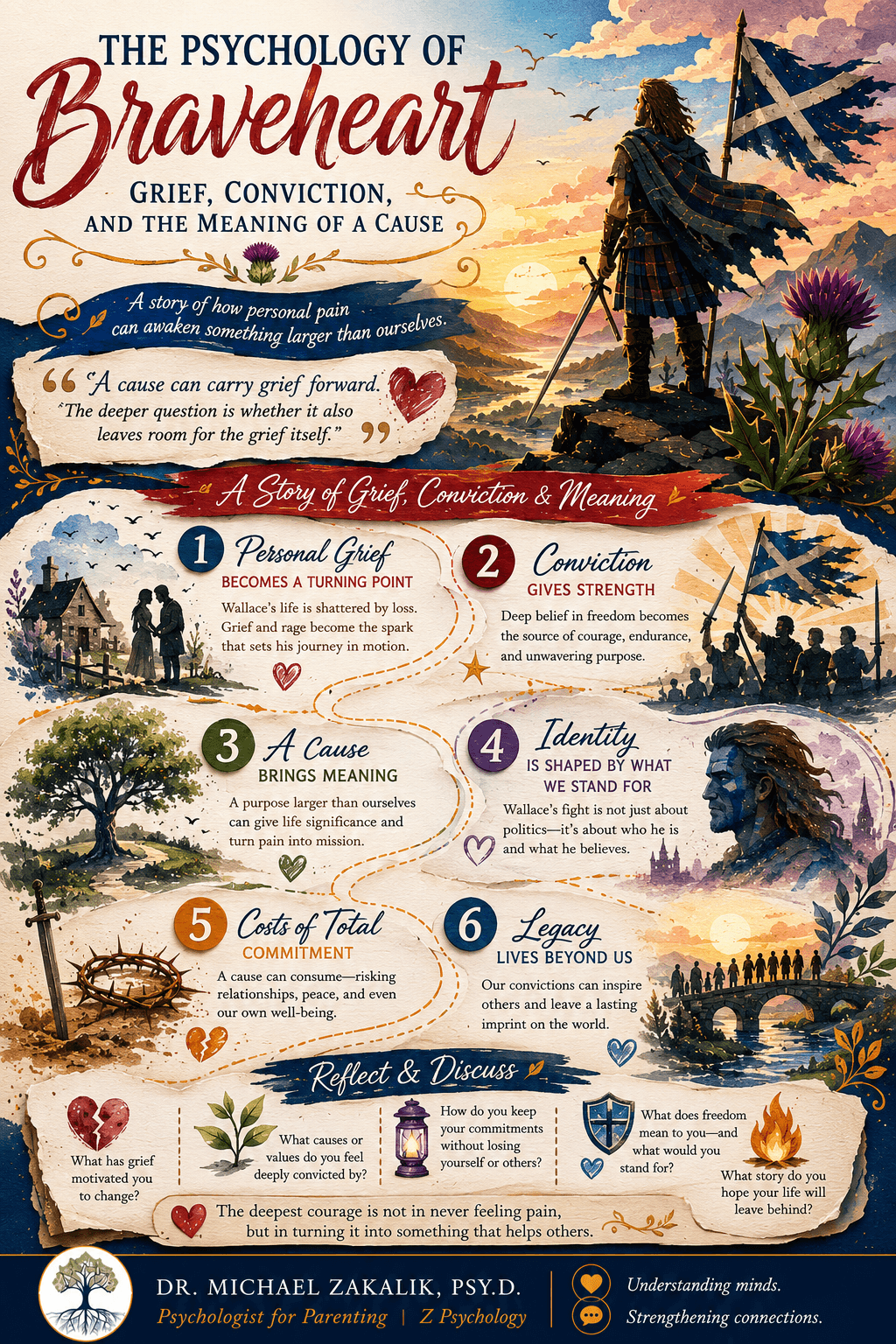 Infographic on Braveheart: grief transformed into a cause, the psychology of conviction, the meaning a cause provides, and the complexity beneath a heroic story.