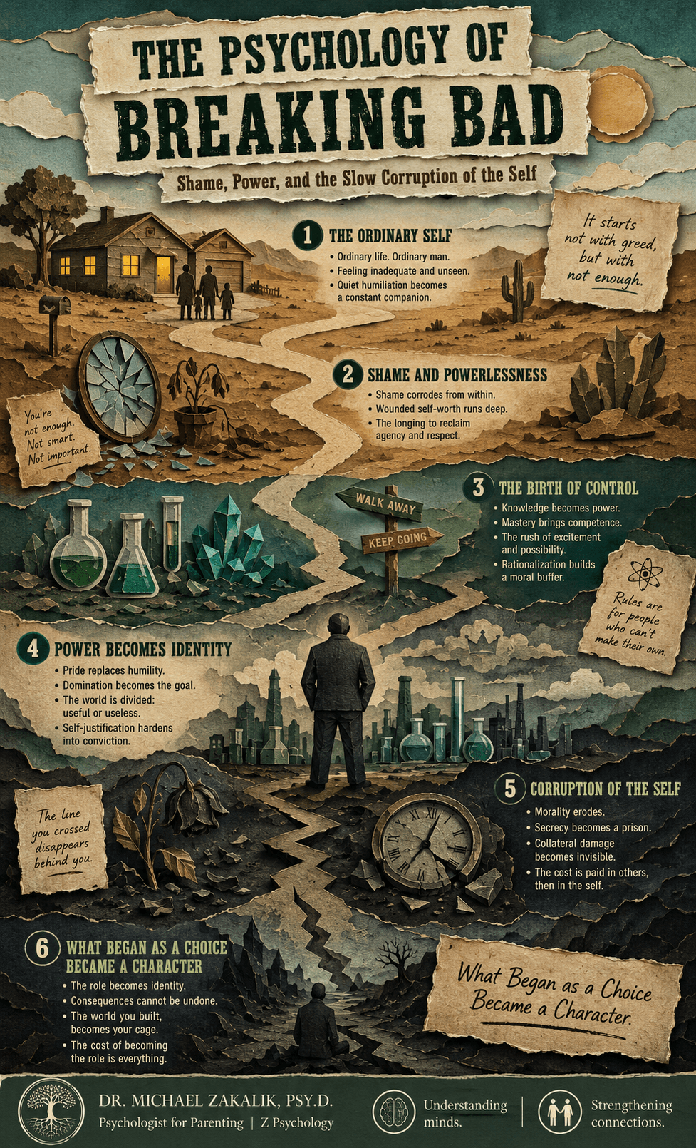 Infographic on Breaking Bad: wounded pride and grievance, malignant narcissism, the cancer diagnosis as permission, rationalization, and the self-justifying ego.