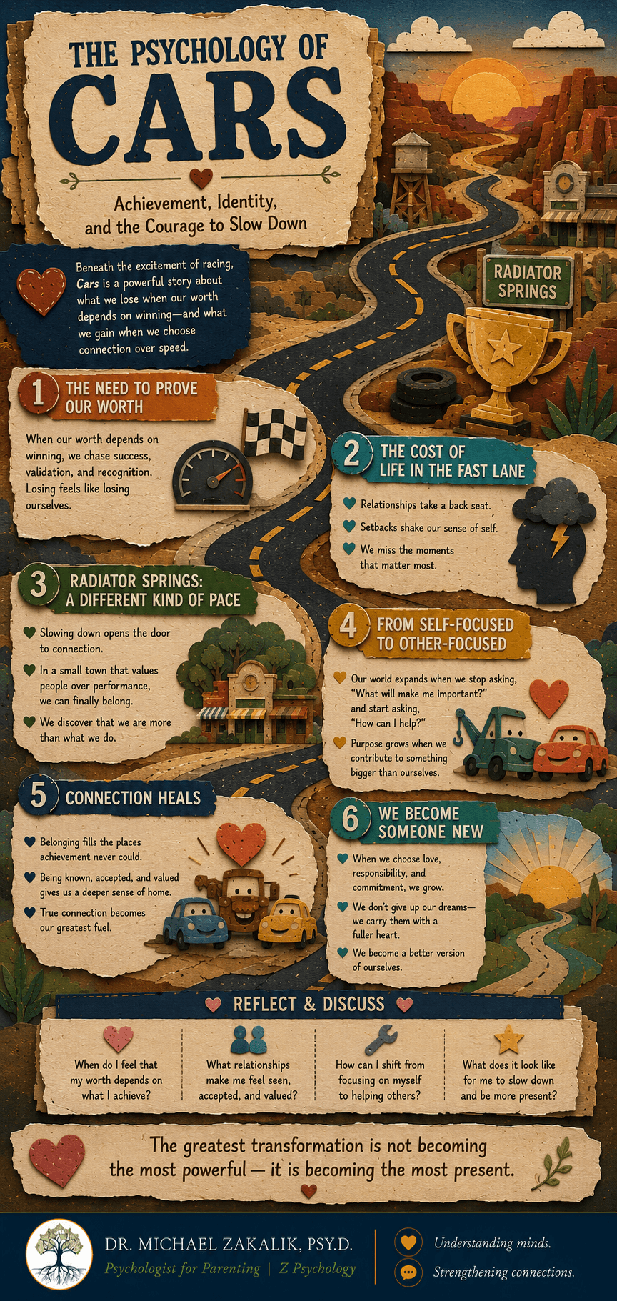 Infographic on Cars: achievement identity, contingent self-worth, the pace of connection, conditional versus genuine belonging, and slowing down to win.