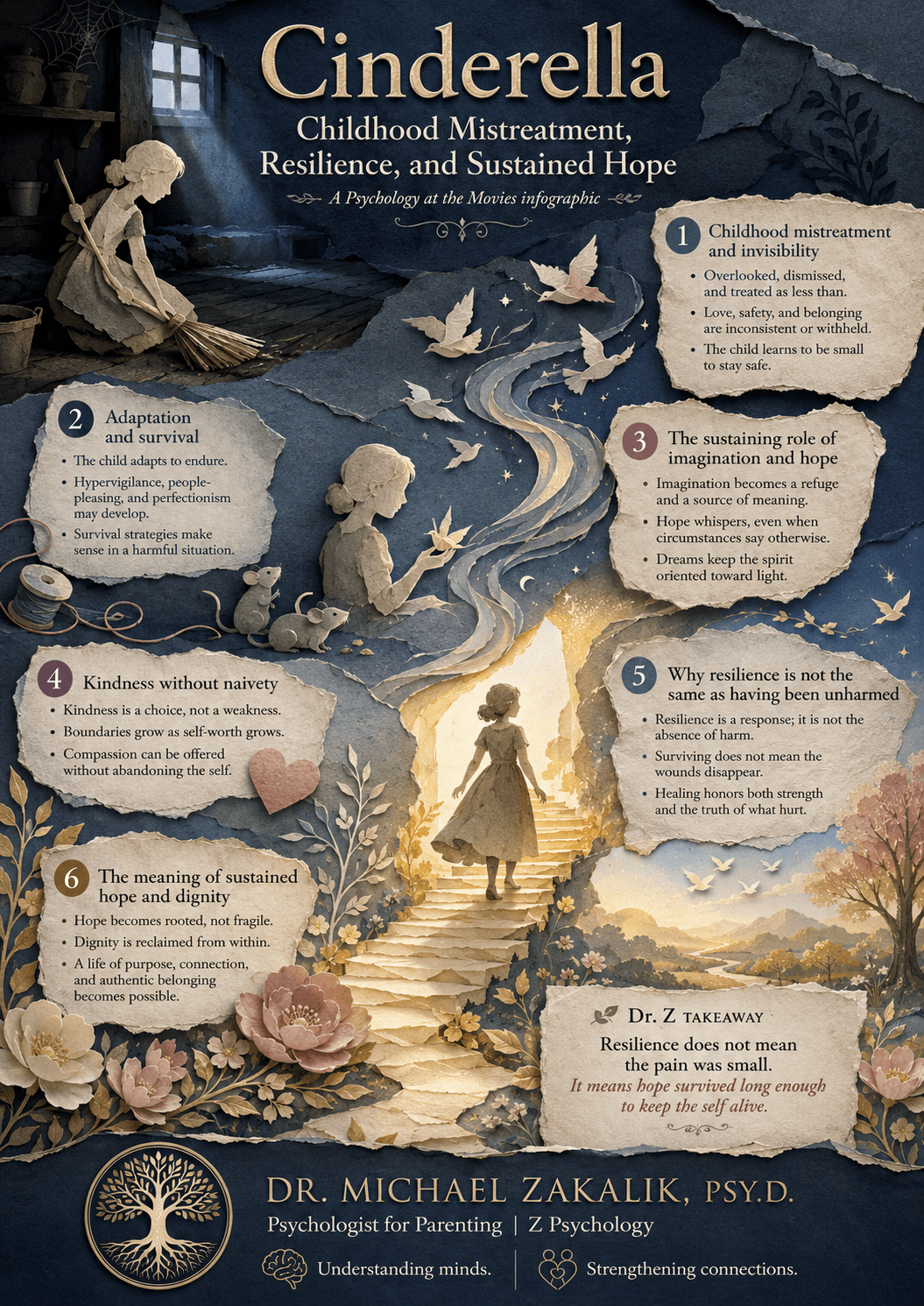 Infographic on Cinderella: step-family mistreatment, sustained hope, learned helplessness, why people stay, the animals as connection, and what escape requires.