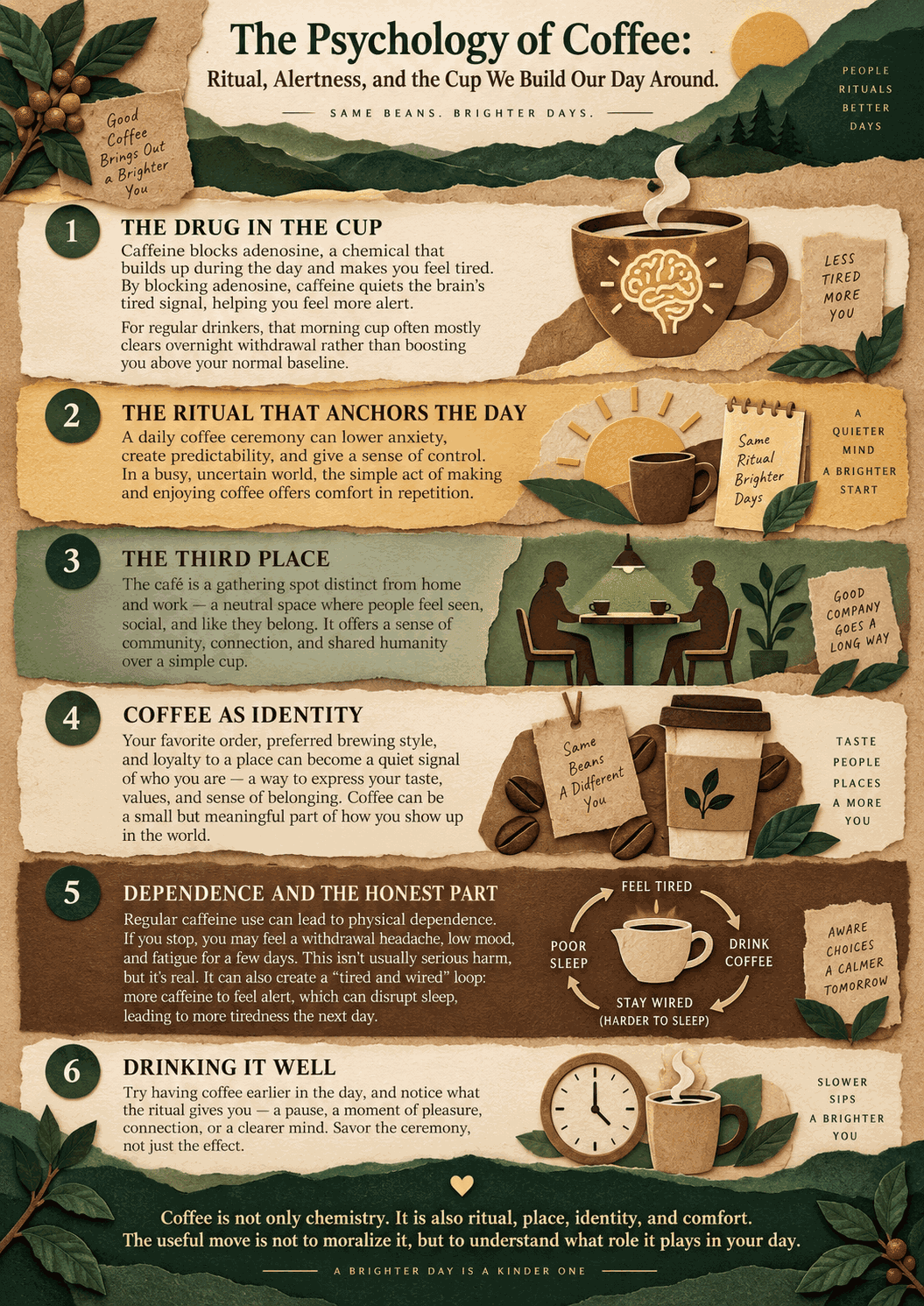 Infographic on the psychology of coffee: how caffeine works, the morning ritual, the cafe as a third place, coffee as identity, and the line between habit and dependence.