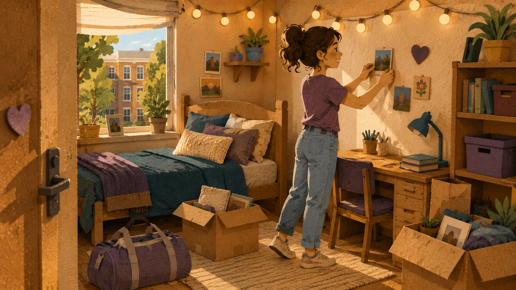 A college student arranging photographs in a warm new dorm room surrounded by moving boxes.
