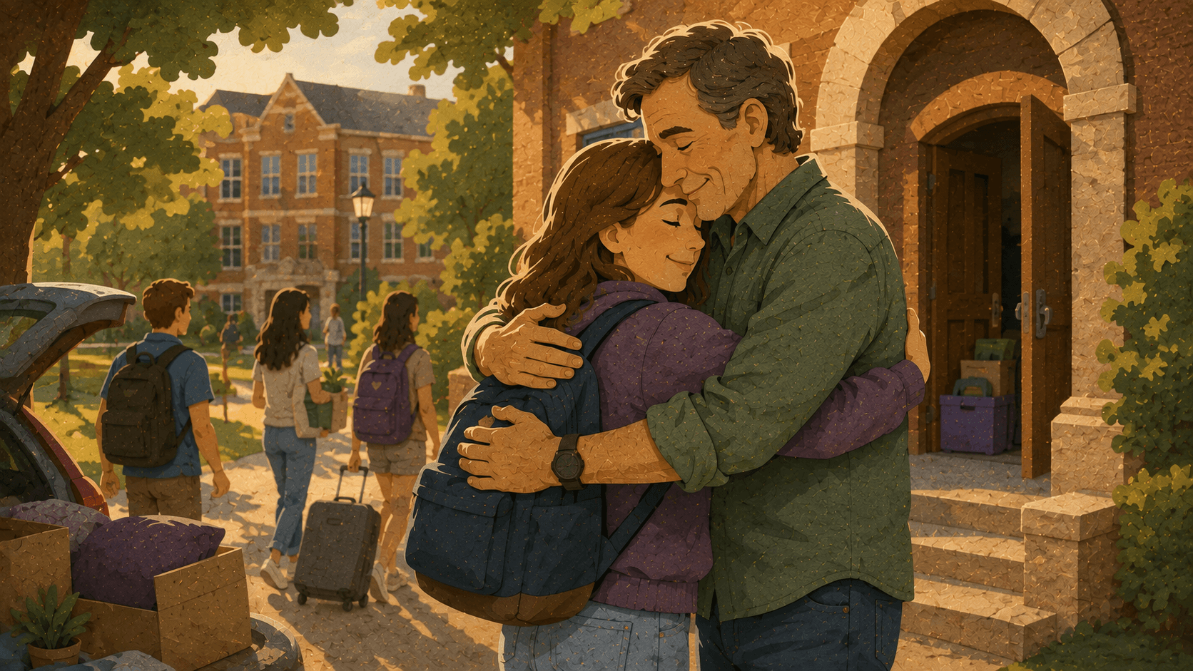 A parent and college student sharing a close goodbye hug outside a residence hall.
