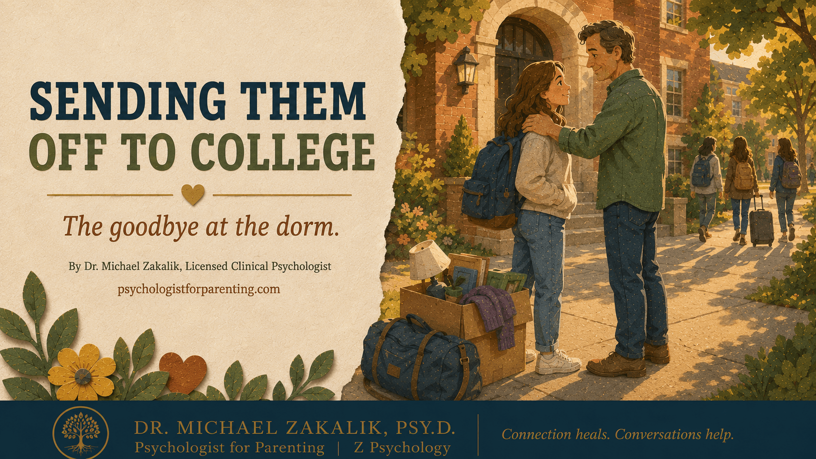 A parent and college student preparing to say goodbye outside a campus residence hall.