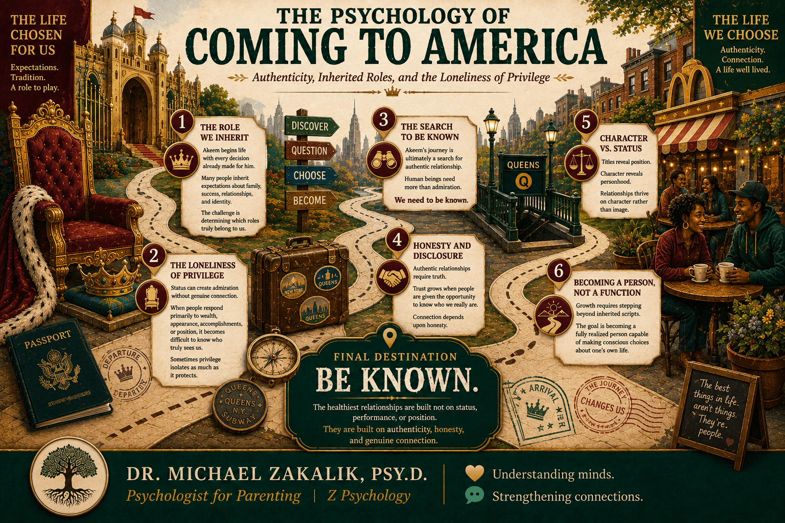Infographic on Coming to America: authenticity and bad faith, the loneliness of privilege, being loved for who you are versus what you represent, honest disclosure, class and character, and the witness who keeps you whole.
