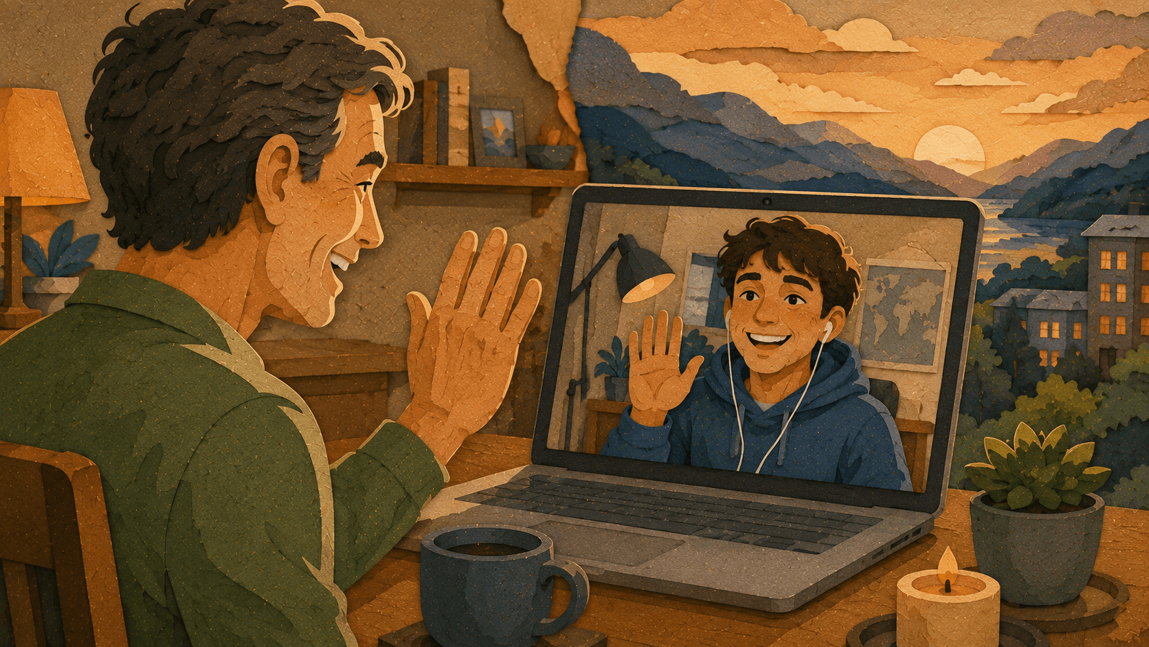 A parent and adult child smiling and waving to each other during a relaxed video call.